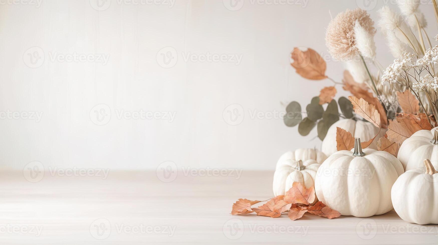 White and orange pumpkins with autumn maple leaves and creating cozy thanksgiving on light wooden table copy space for text photo