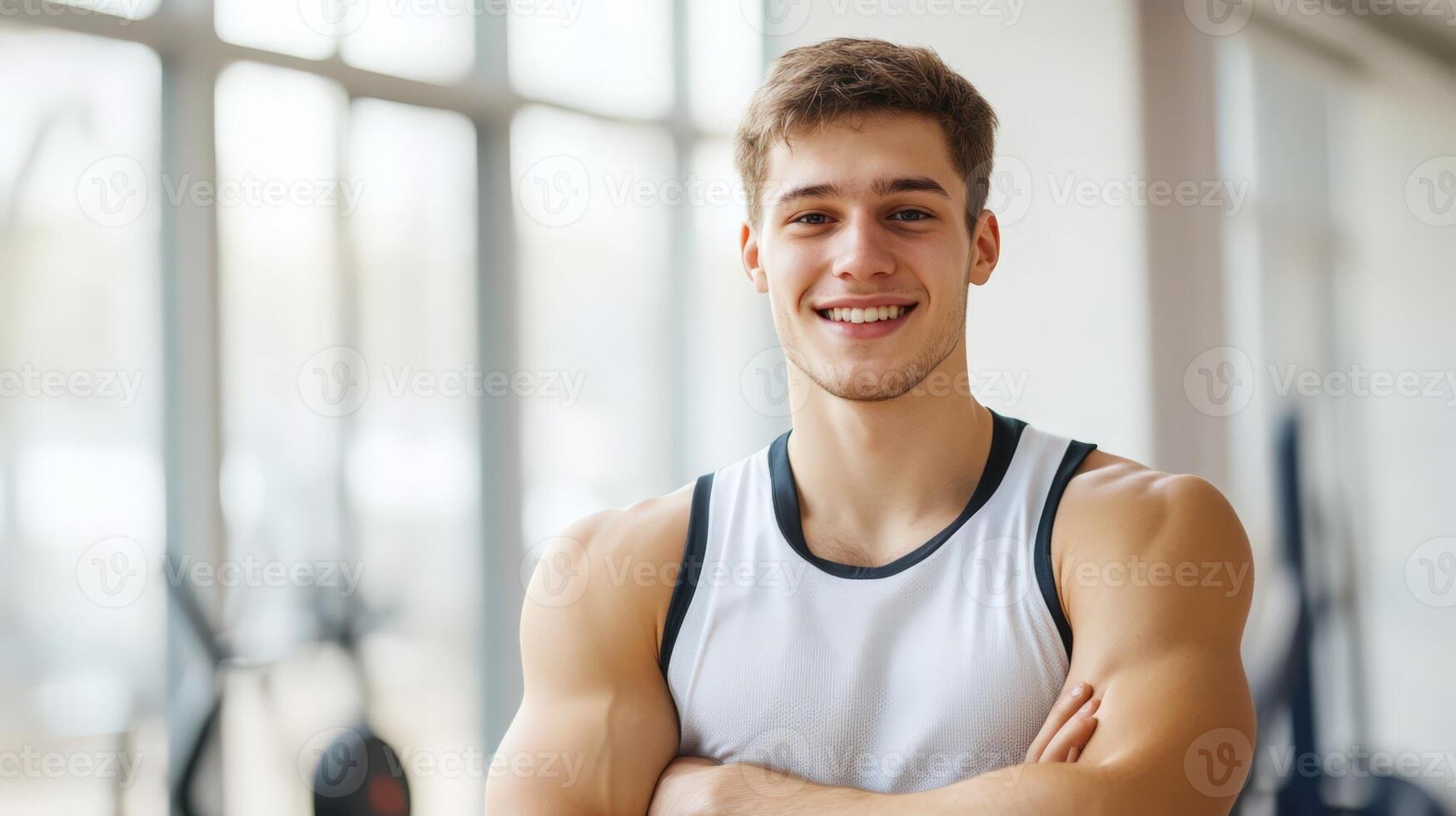 Portrait of smiling young man athletic build in sports uniform against the backdrop of a fitness club photo