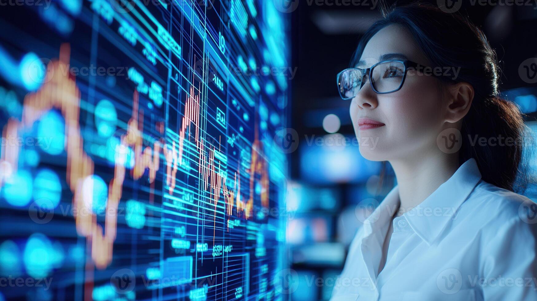 Professional female analyzing financial data on interactive digital screen, analytics in contemporary workspace trading chart photo