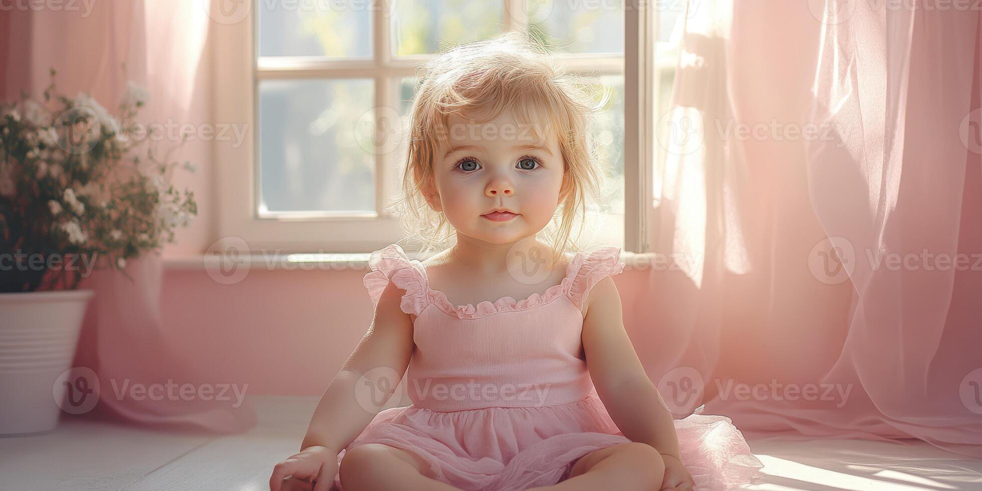 Sweet toddler with bright eyes sitting on a soft floor in a sunlit room with pastel curtains and blooming flowers photo