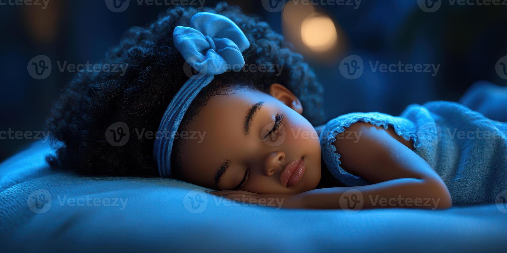 Young girl peacefully sleeping in a cozy bedroom with blue lighting and soft textures photo