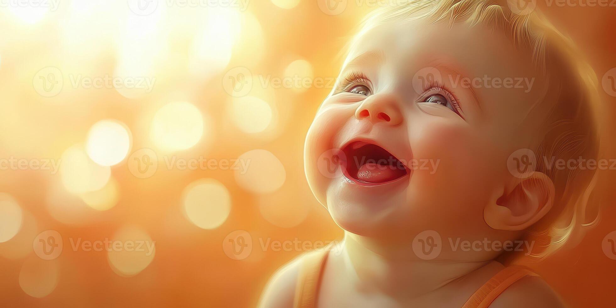 Bright smile of a joyful baby enjoying a sunny day filled with light and warmth in a cozy setting photo