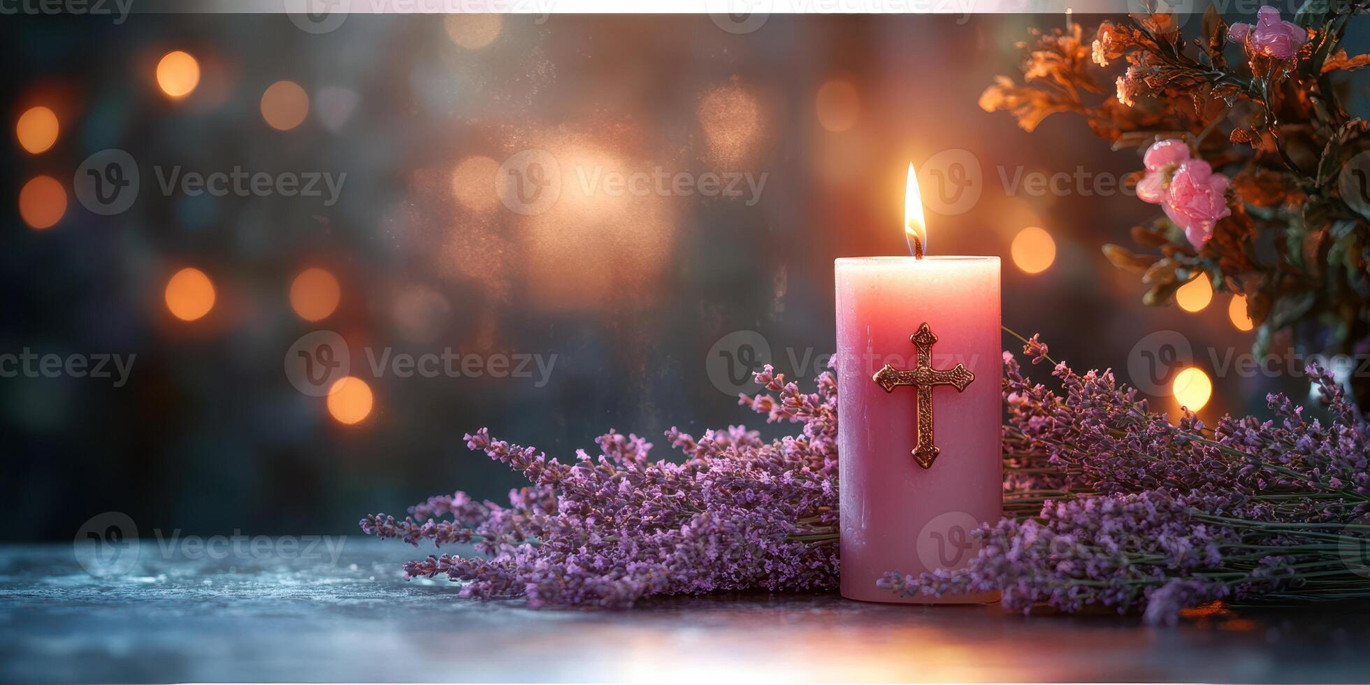 Candle with cross and lavender flowers in soft light creates a serene atmosphere for reflection and prayer photo