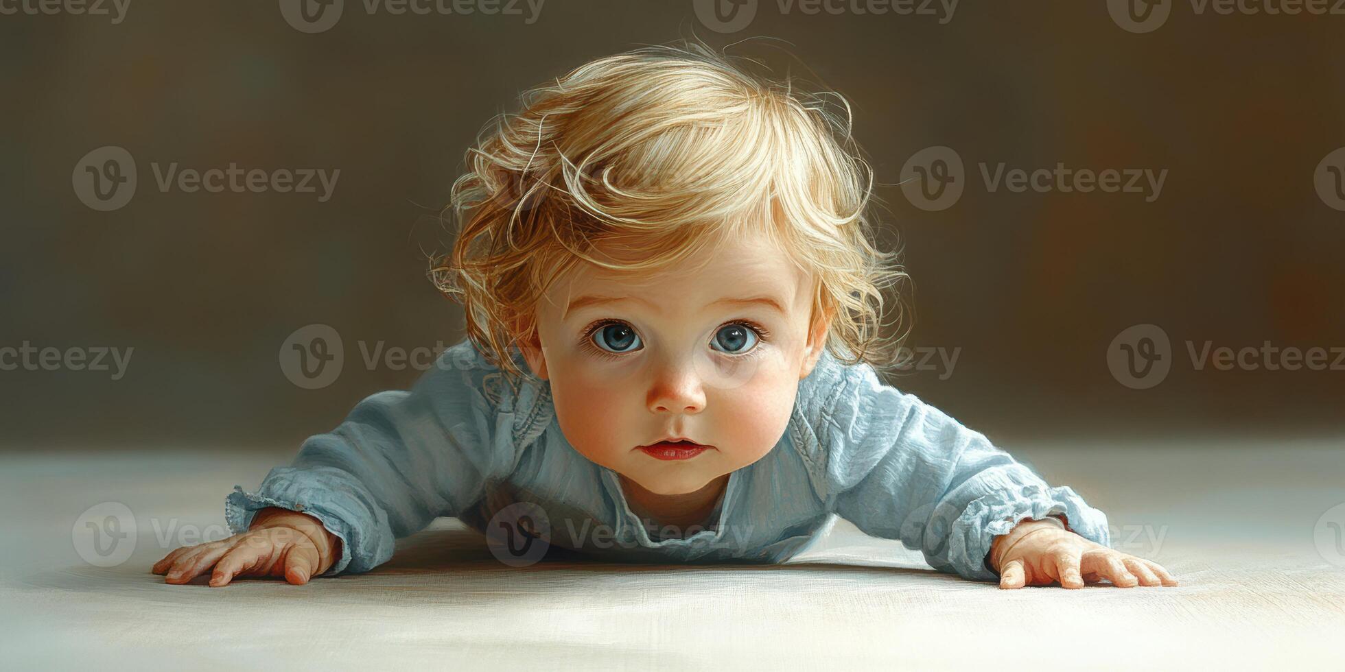 Curious baby with blue eyes exploring the floor in soft natural light during the daytime photo