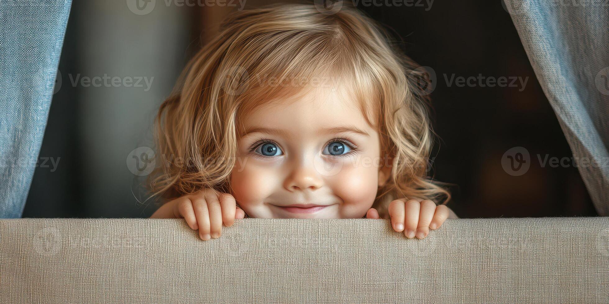 Young child with curly hair peeking over a fabric divider in a cozy interior with soft lighting photo