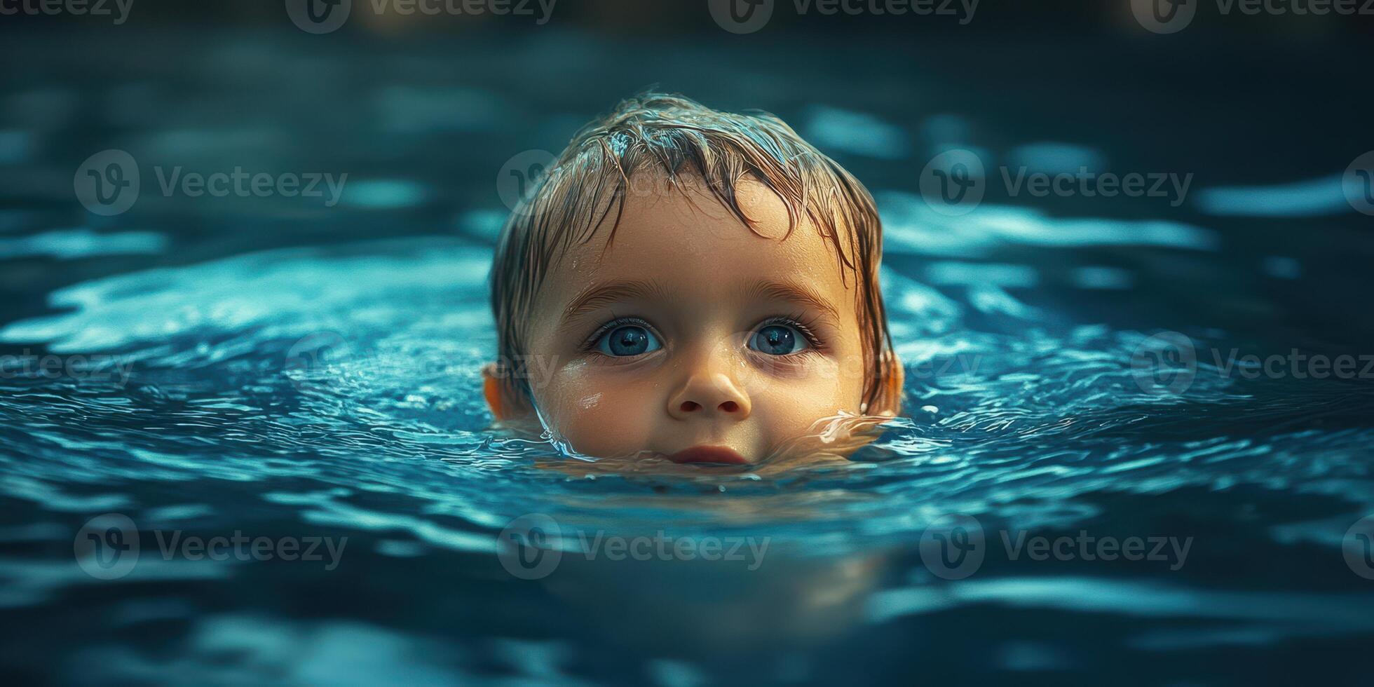 Child enjoying a swim in a serene pool during a sunny afternoon in a tranquil backyard setting photo