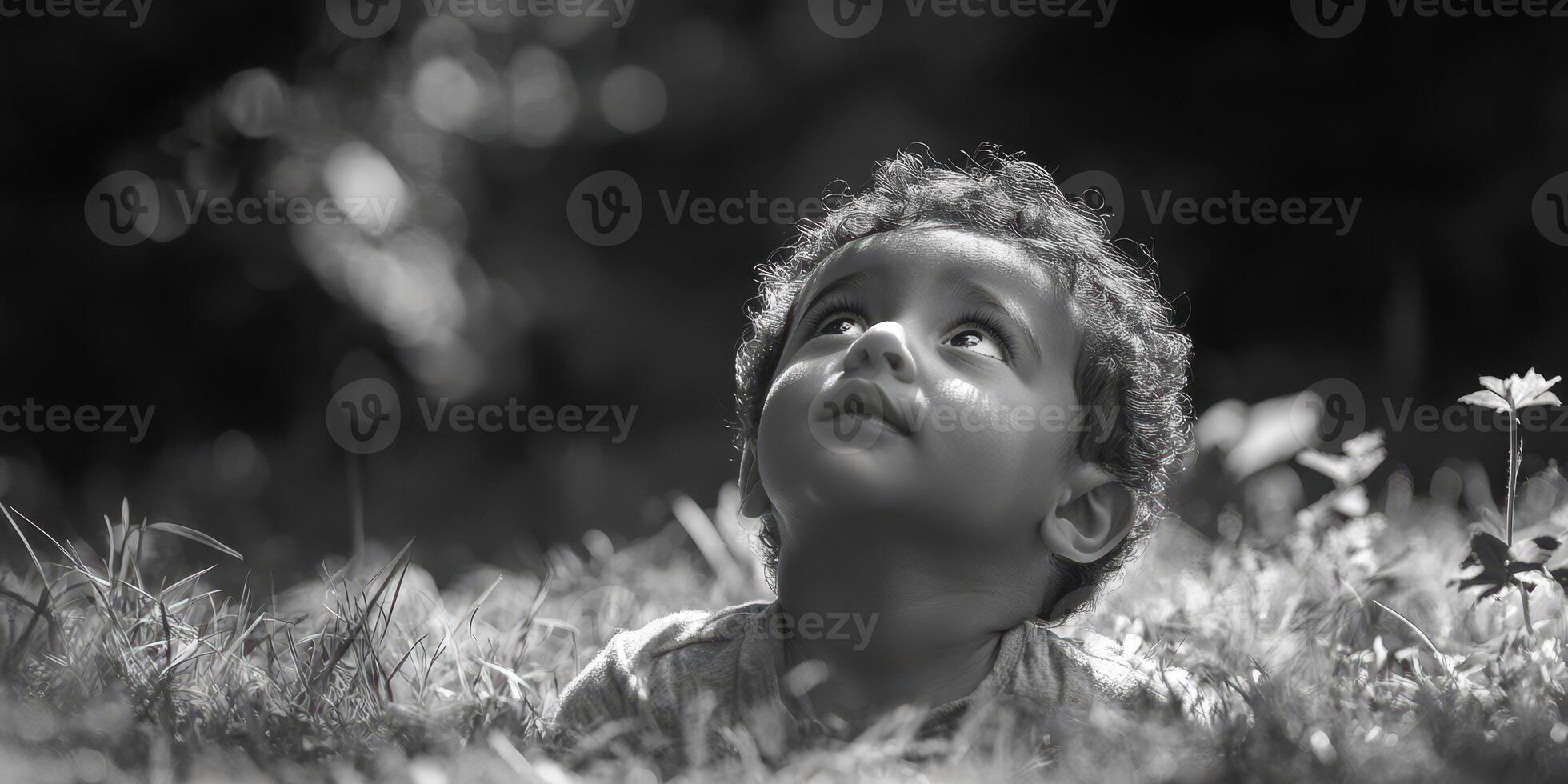 Child gazing upwards while lying on grass in a park during sunny day capturing wonder and innocence photo