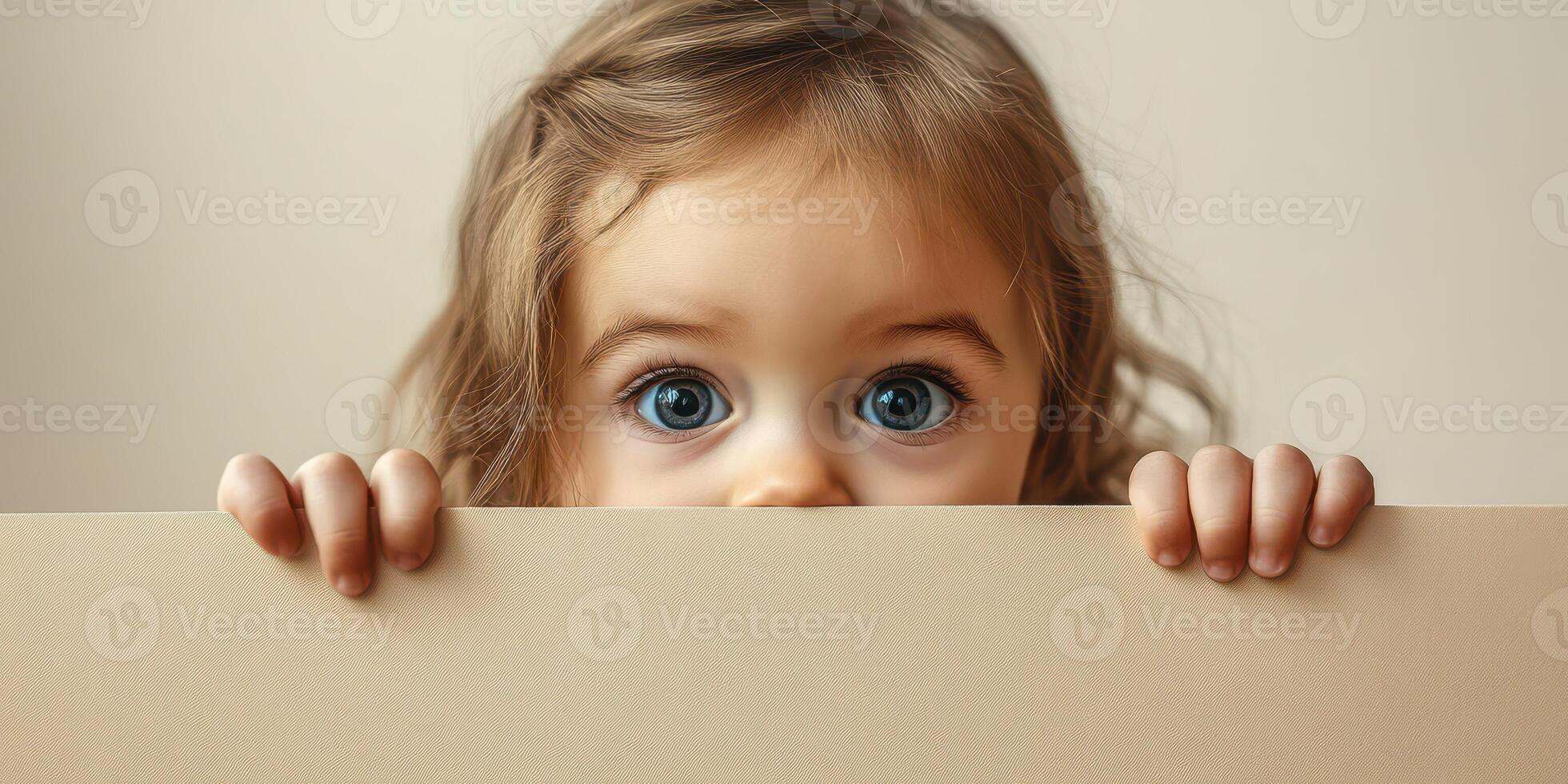 Sweet child peeks over a blank surface with big blue eyes in a cozy indoor setting photo