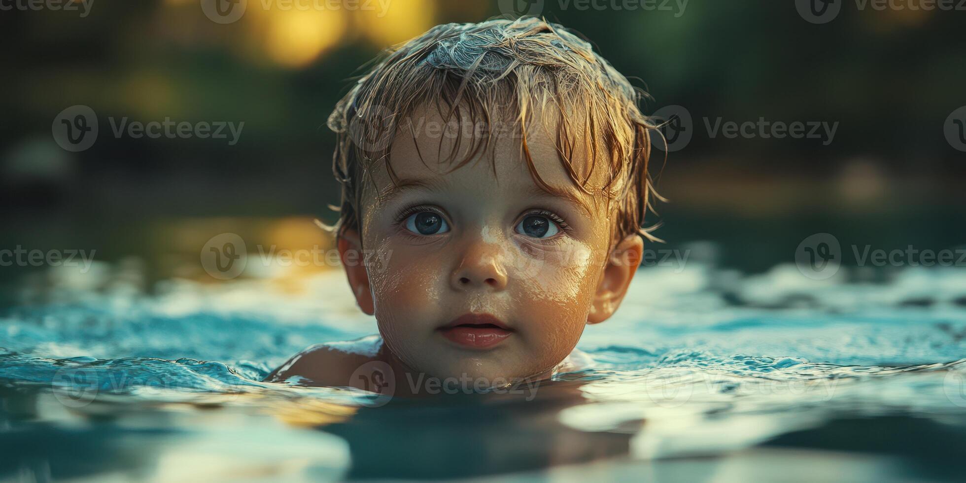 Child enjoying a warm summer day swimming in a pool surrounded by nature photo