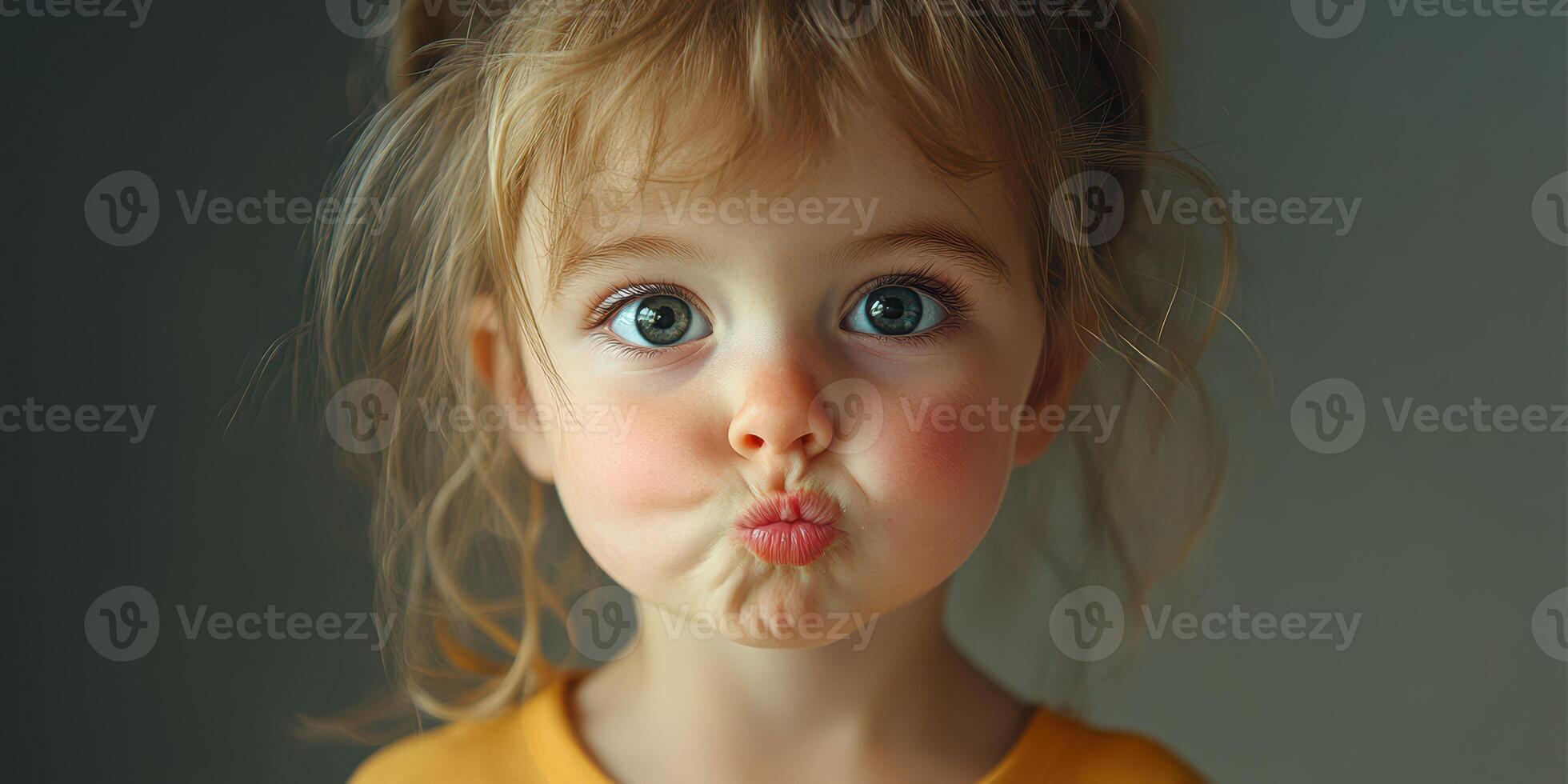 Cute child making a funny face with pouted lips and playful expression indoors during the daytime photo