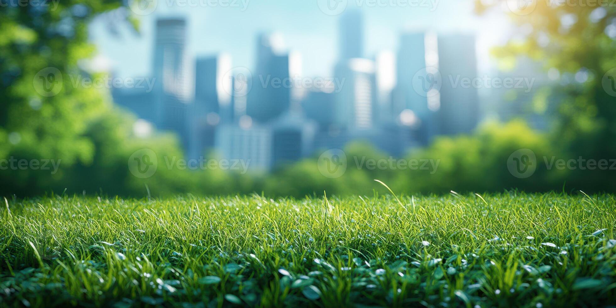 Lush green grass in a city park with a skyline backdrop during a sunny afternoon photo
