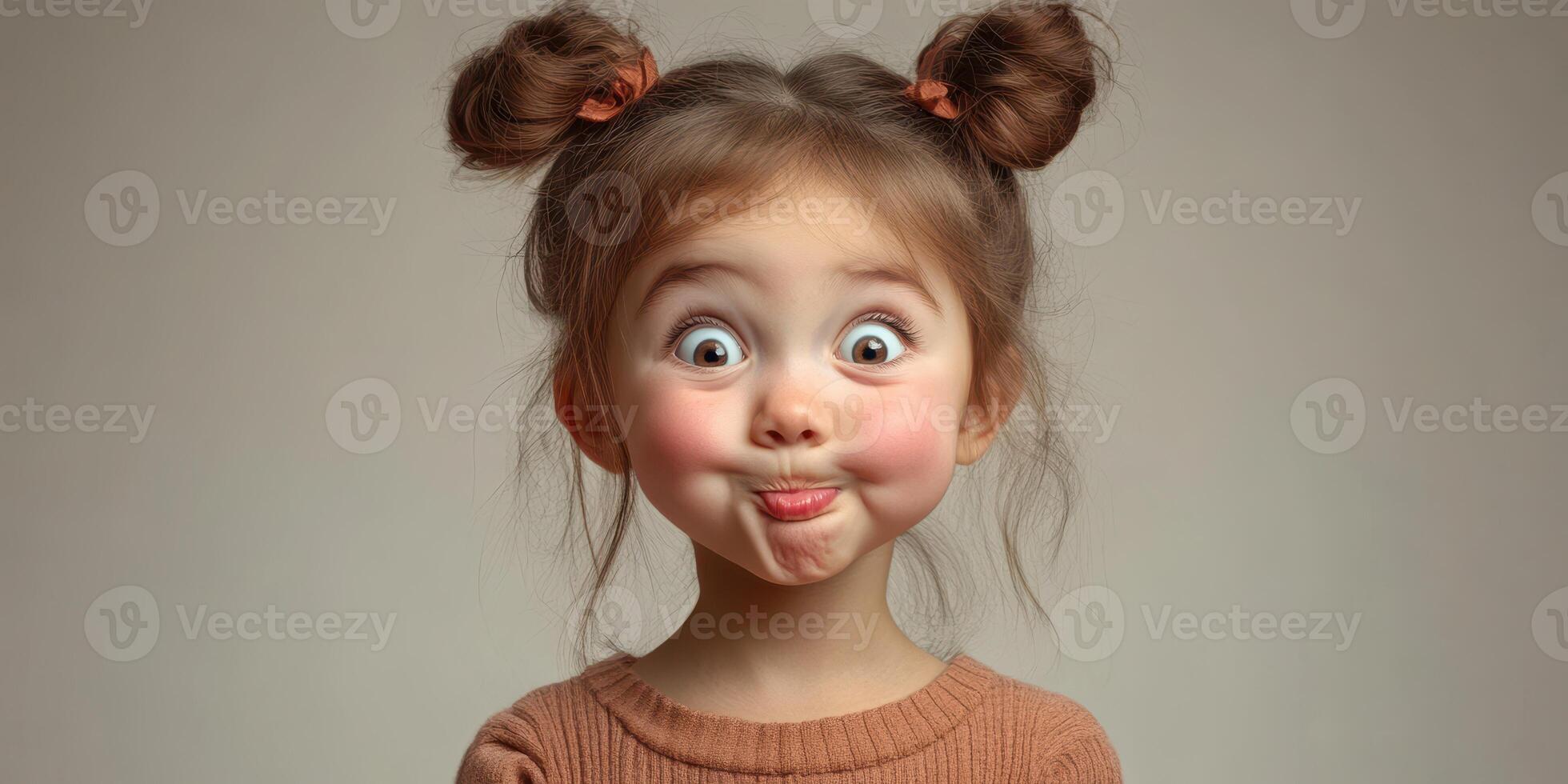 Young girl making funny face with pigtails against neutral background in playful expression photo