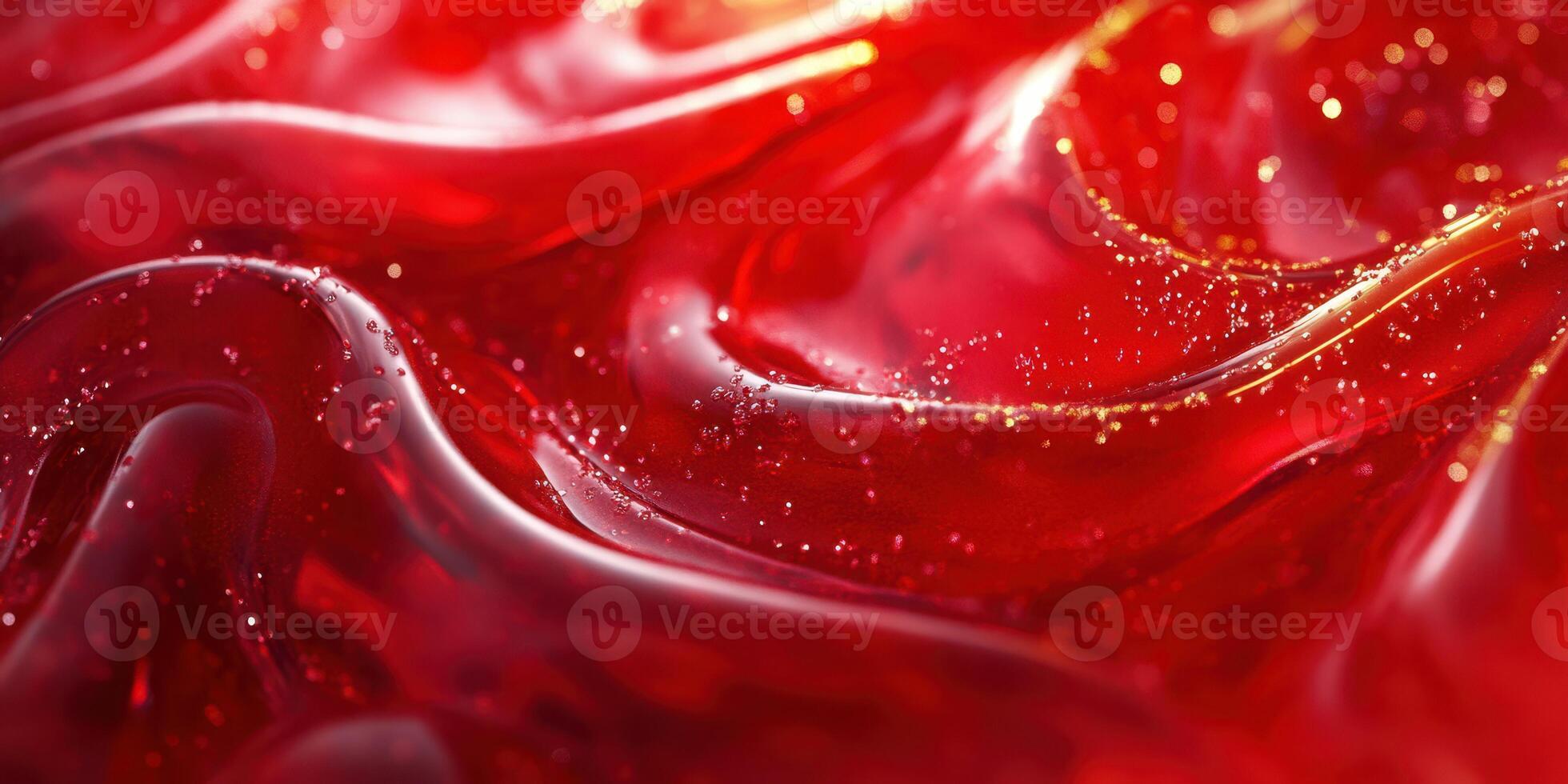 Vibrant red liquid with glossy textures and sparkling particles creates a striking visual effect photo