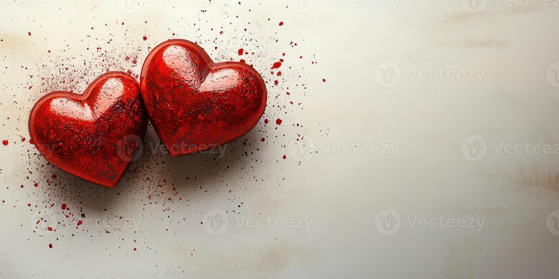 Two red hearts with a splash of color on a neutral background celebrate love and affection perfectly photo
