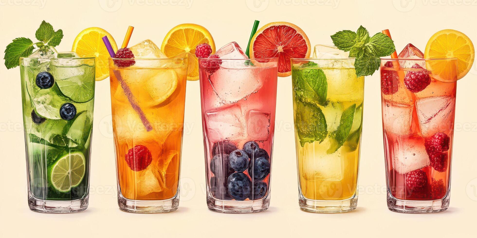 Colorful refreshing drinks display featuring various fruits and mint leaves in tall glasses on a light background photo