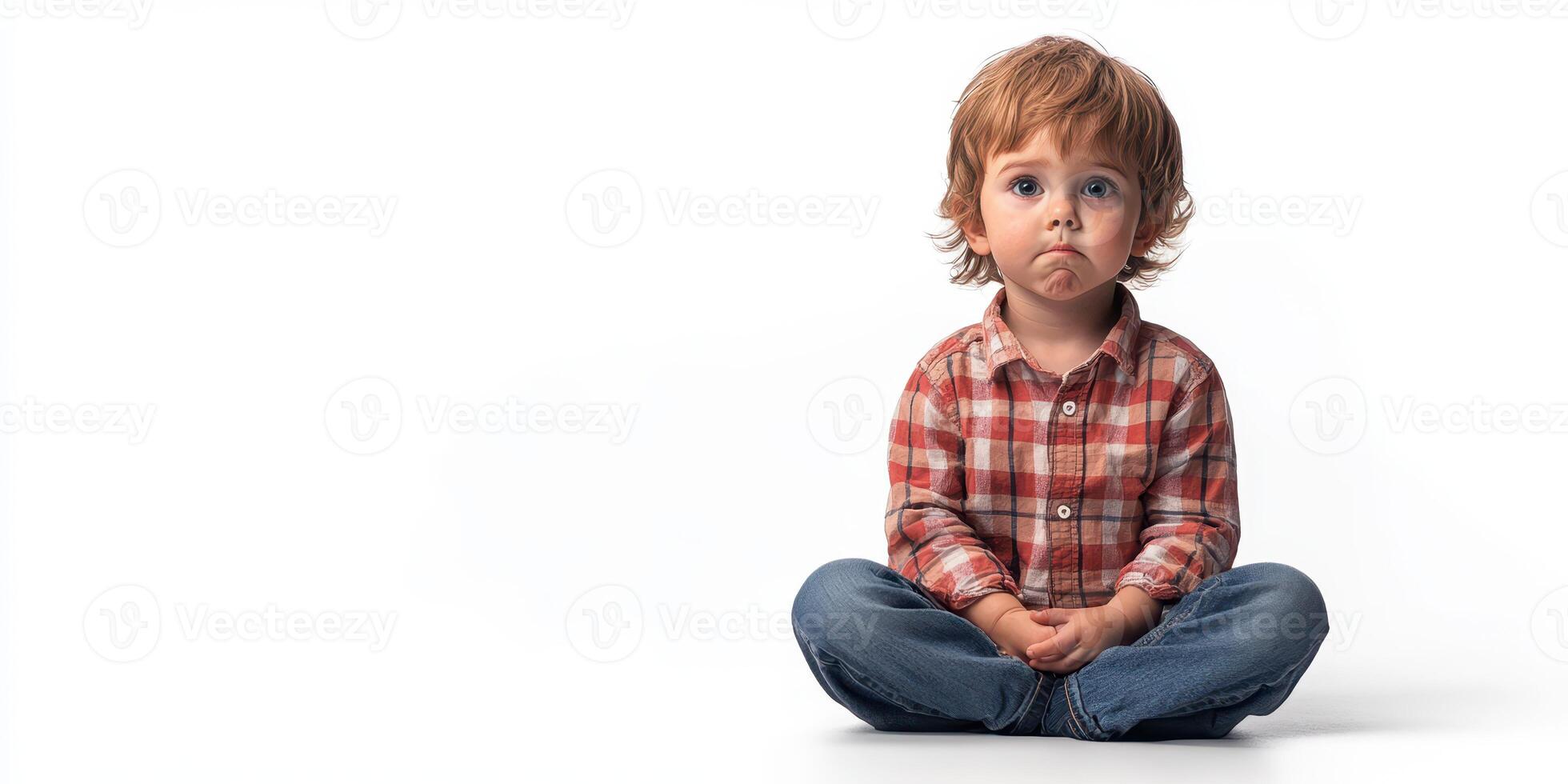Young child with a thoughtful expression sitting on a plain background during a studio session photo