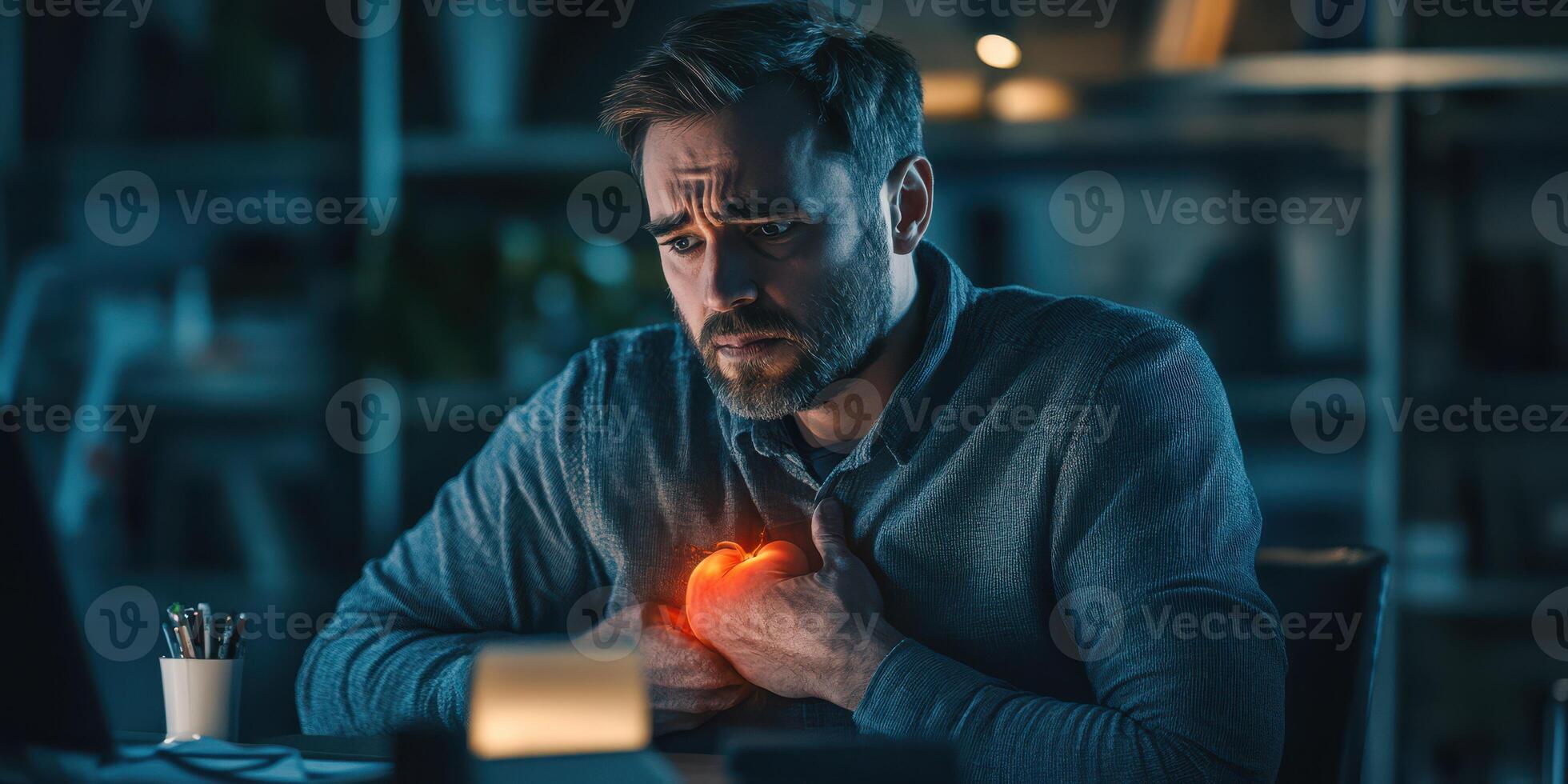 Man experiences chest pain while working late at a desk in a dimly lit room photo