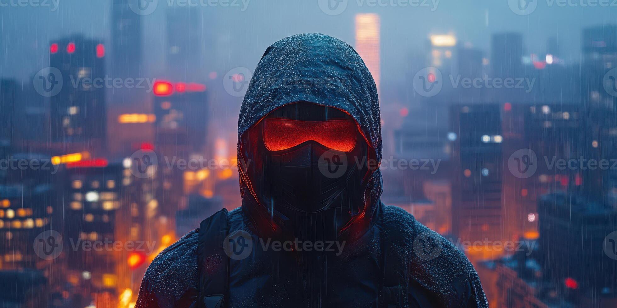 Mysterious figure in a hooded jacket stands against a rainy city skyline illuminated by vibrant lights at dusk photo