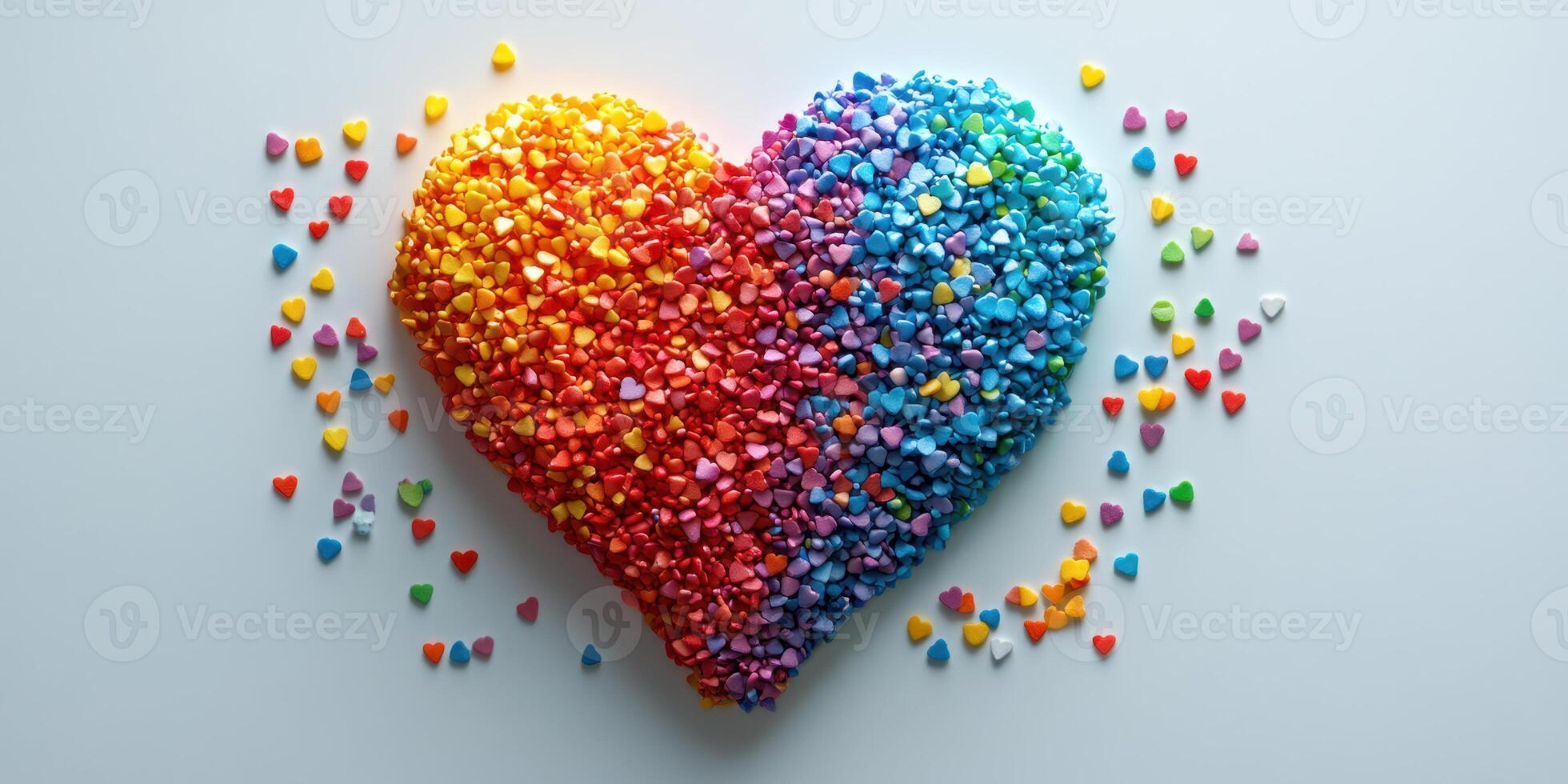 Colorful heart shape made from tiny candy pieces displayed on a white surface during the daytime photo