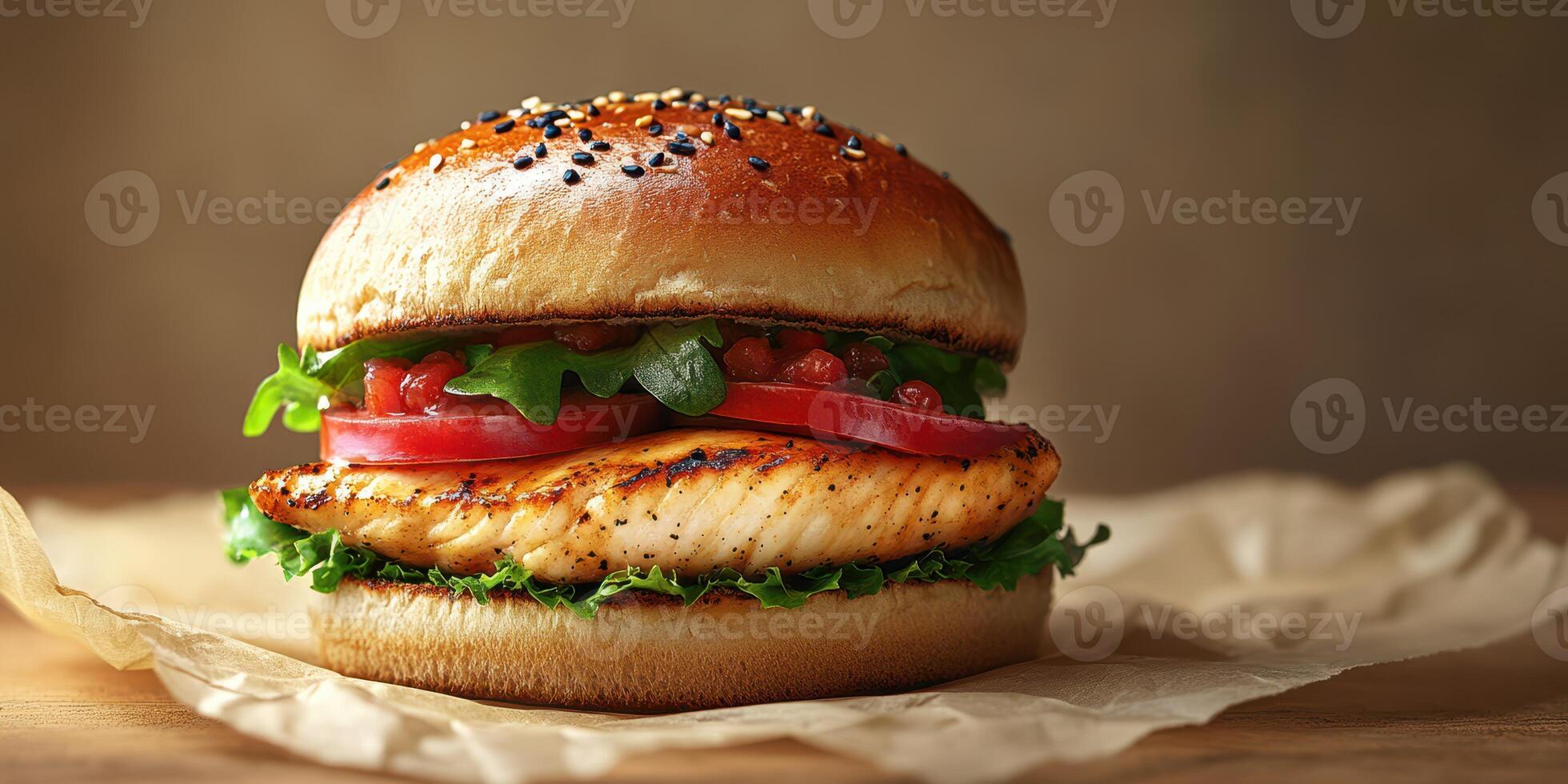 Fresh grilled salmon burger with lettuce and tomato served on a sesame seed bun photo