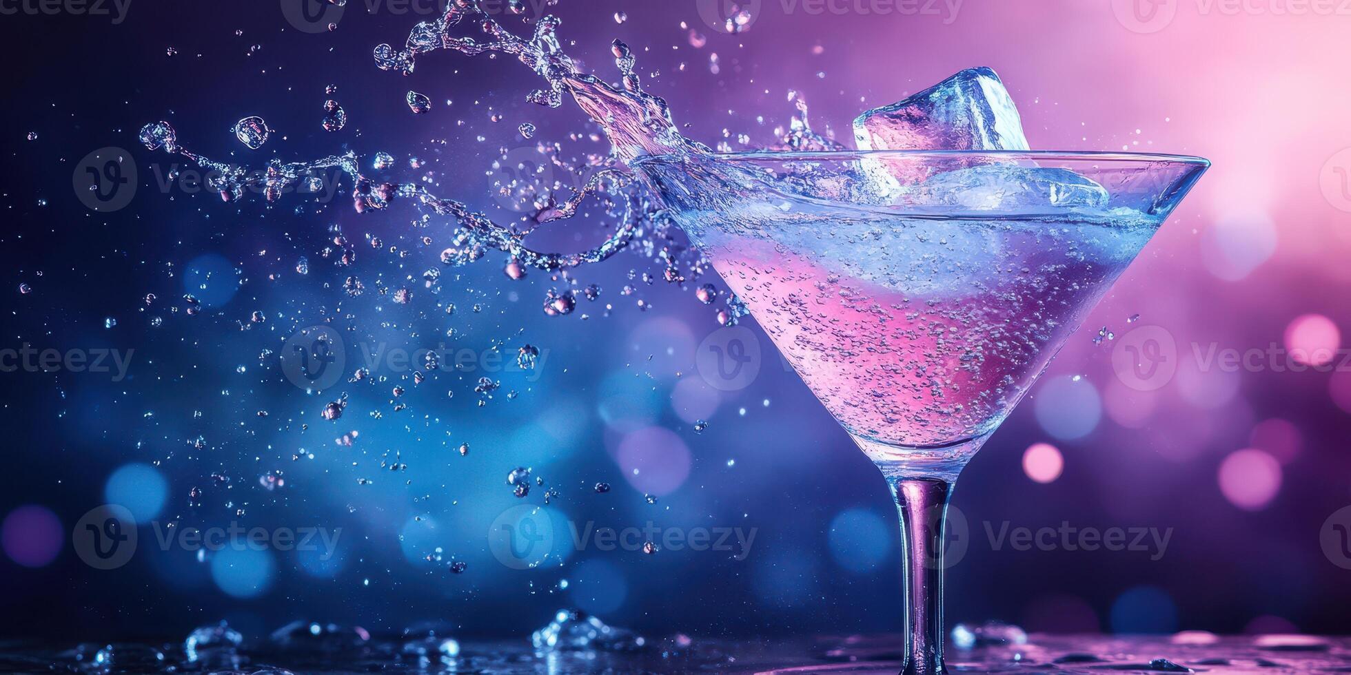Colorful cocktail with ice splashes captured in a vibrant setting during evening hours photo