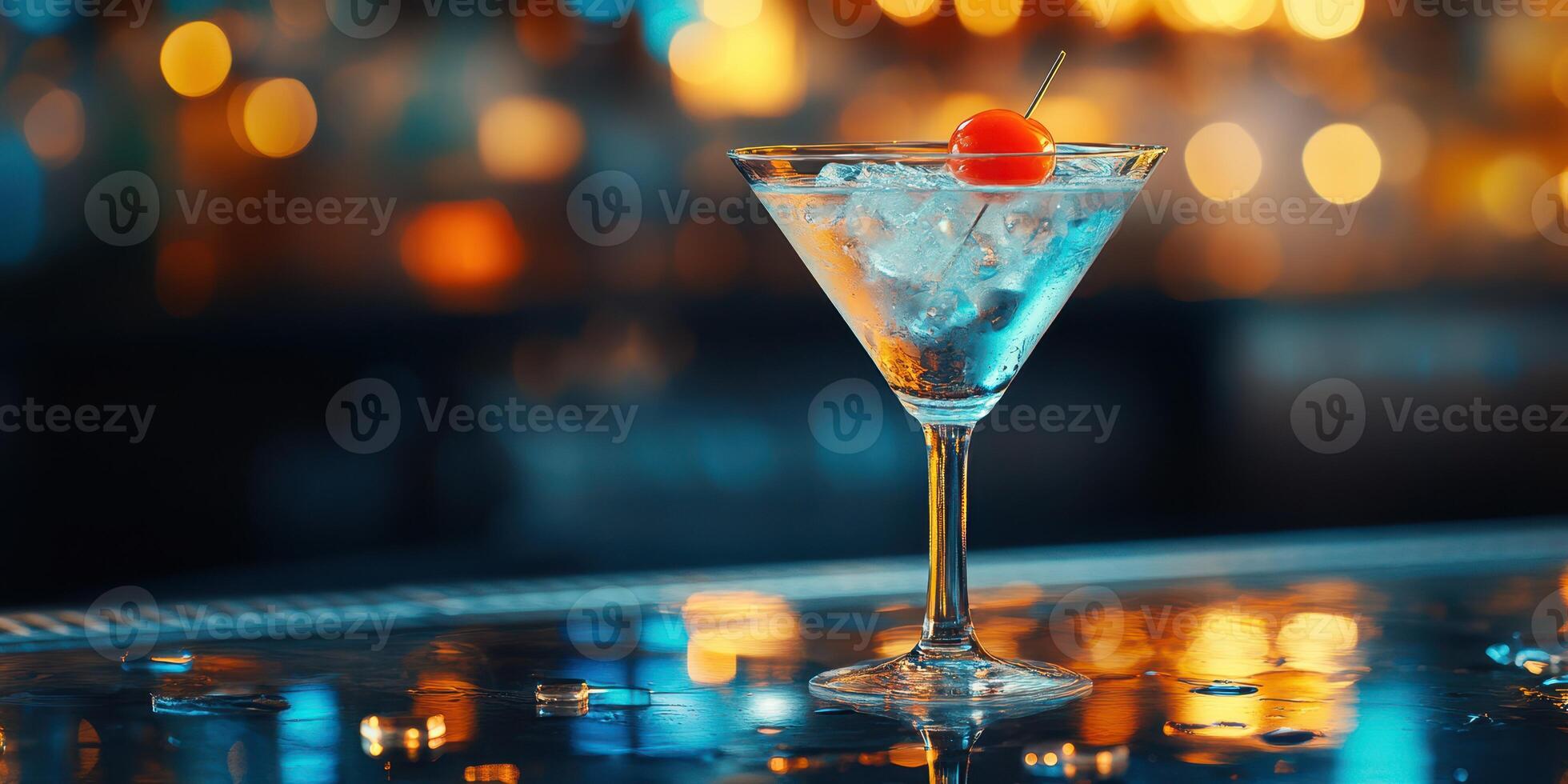 Elegant cocktail served in a glass with cherry and ice at a vibrant bar during nighttime photo