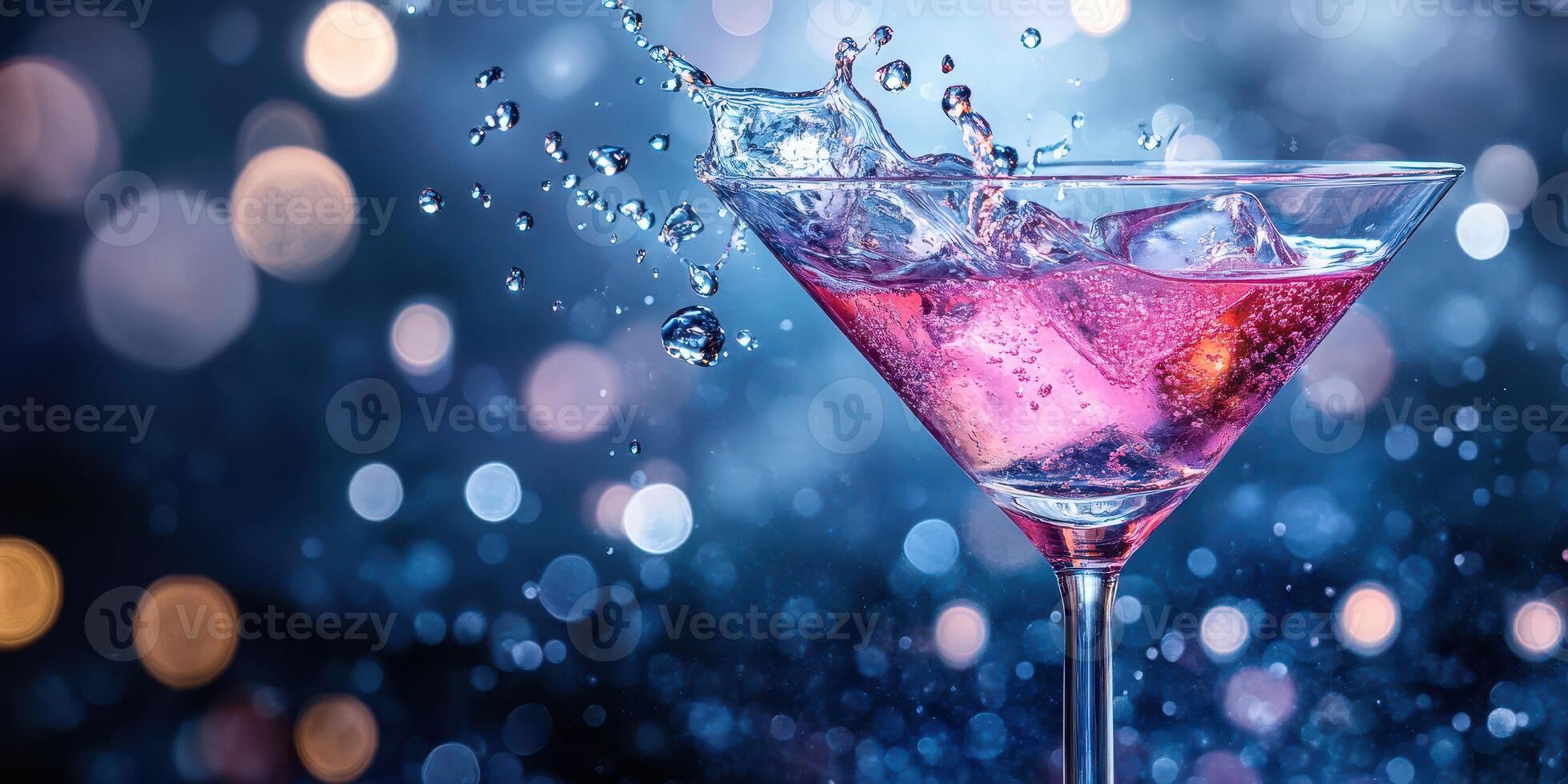 Sparkling cocktail splashing in a glass with colorful bokeh background at a lively evening gathering photo