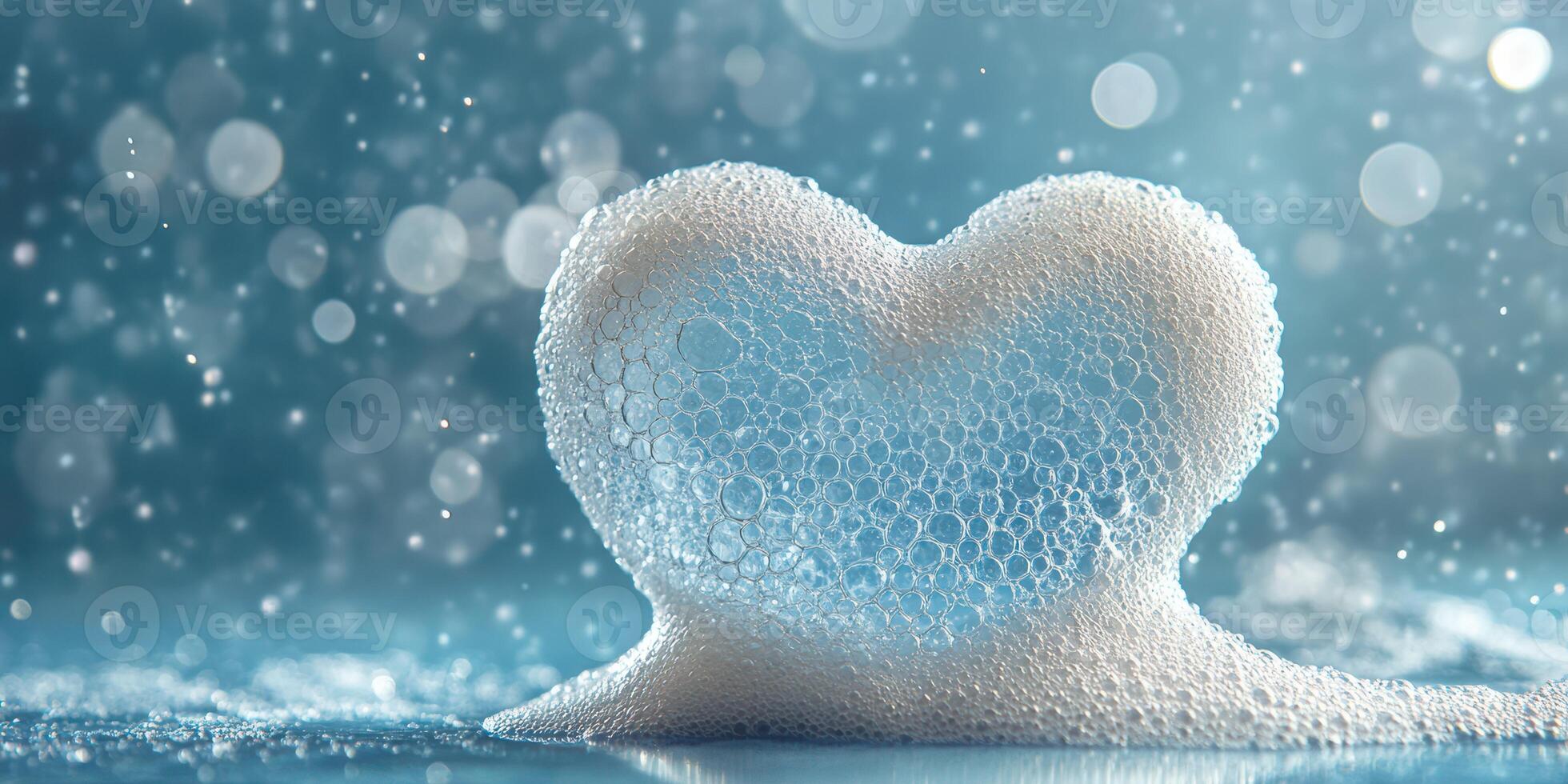 Heart-shaped soap bubbles creating a whimsical and dreamy atmosphere in a blue-toned setting with soft lighting photo