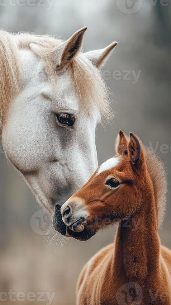 Tender moment between a white horse and its foal in a serene natural setting during early morning hours photo