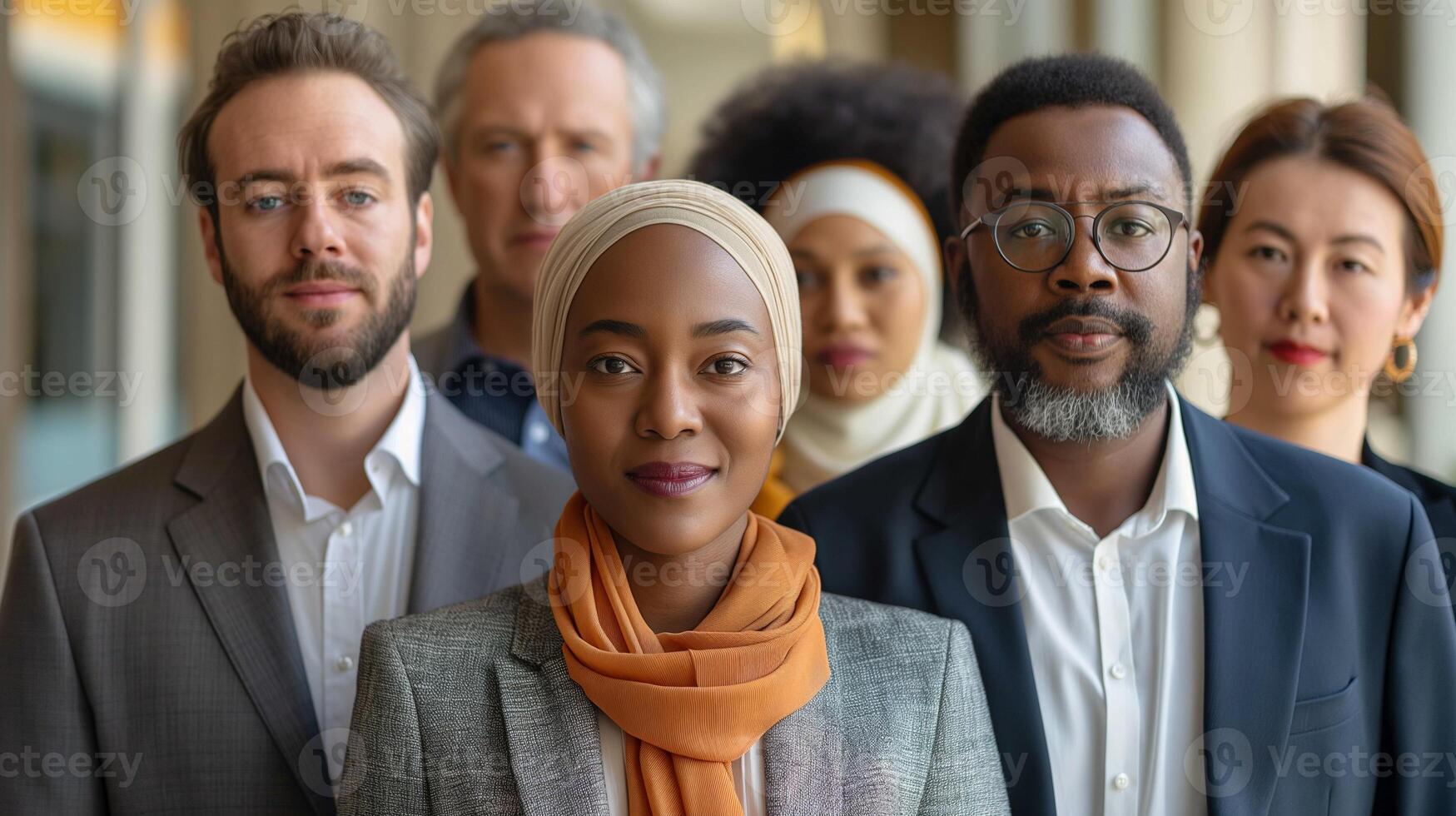 Diverse business team with leader in focus portrait image. Inclusivity, leadership and teamwork in corporate world picture photorealistic. Organizational culture concept photo realistic