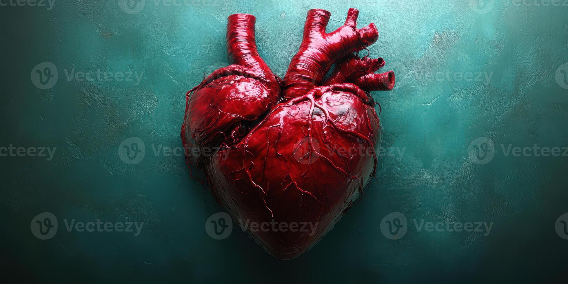 Realistic human heart model displayed against a blue-green textured background highlighting its intricate details photo