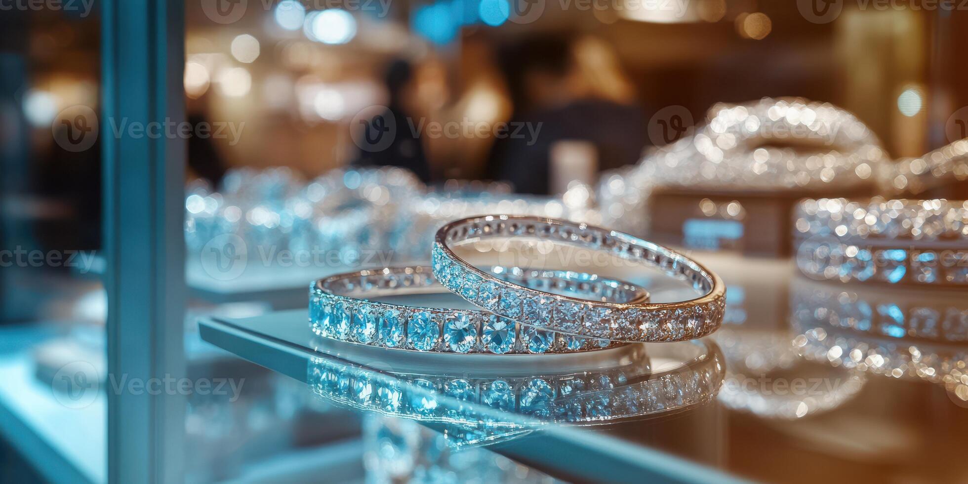 Elegant jewelry display featuring sparkling bracelets in a luxurious boutique during evening hours photo