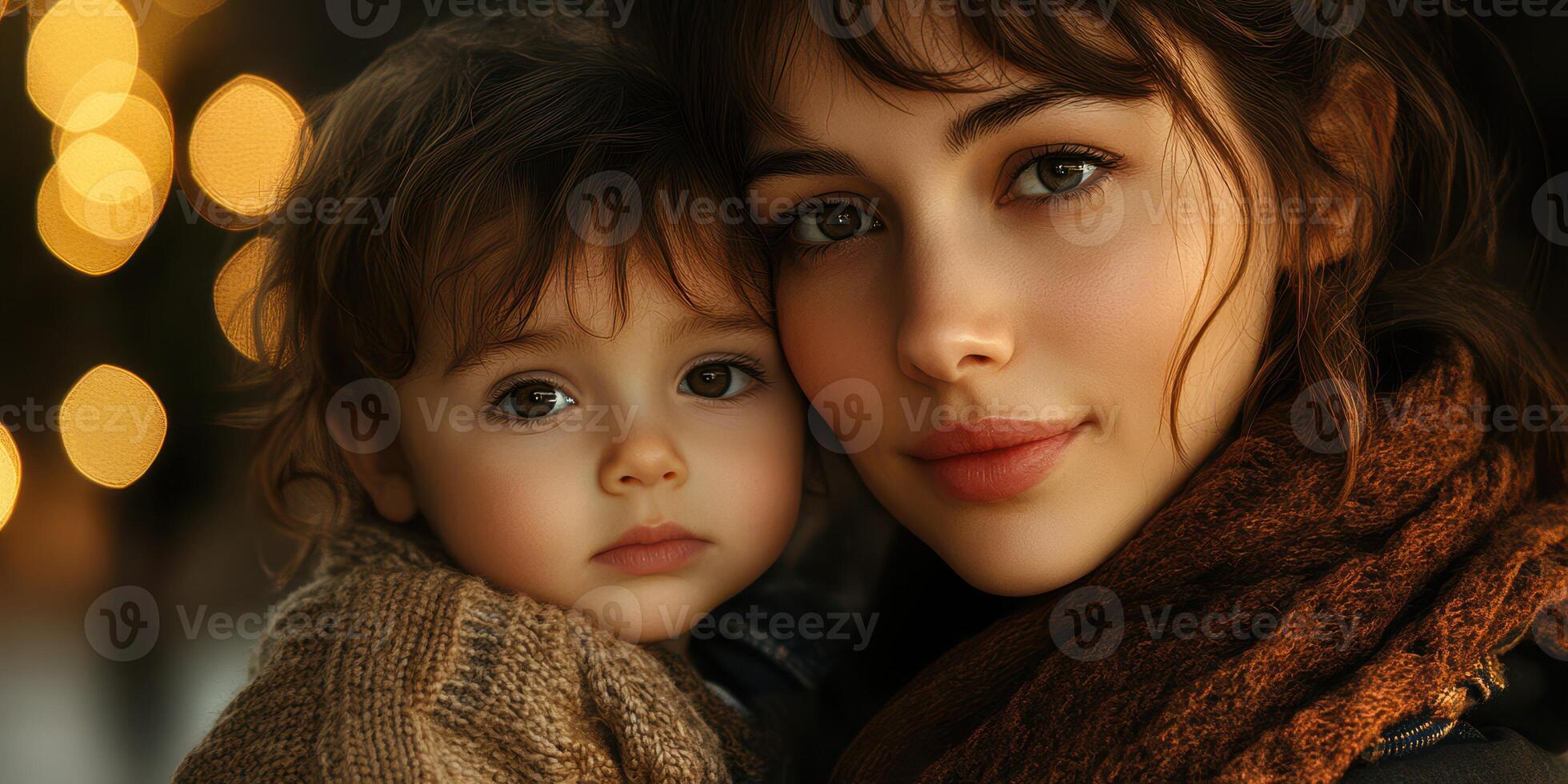 Mother and child enjoying a warm embrace in a cozy setting with soft lights during the evening photo