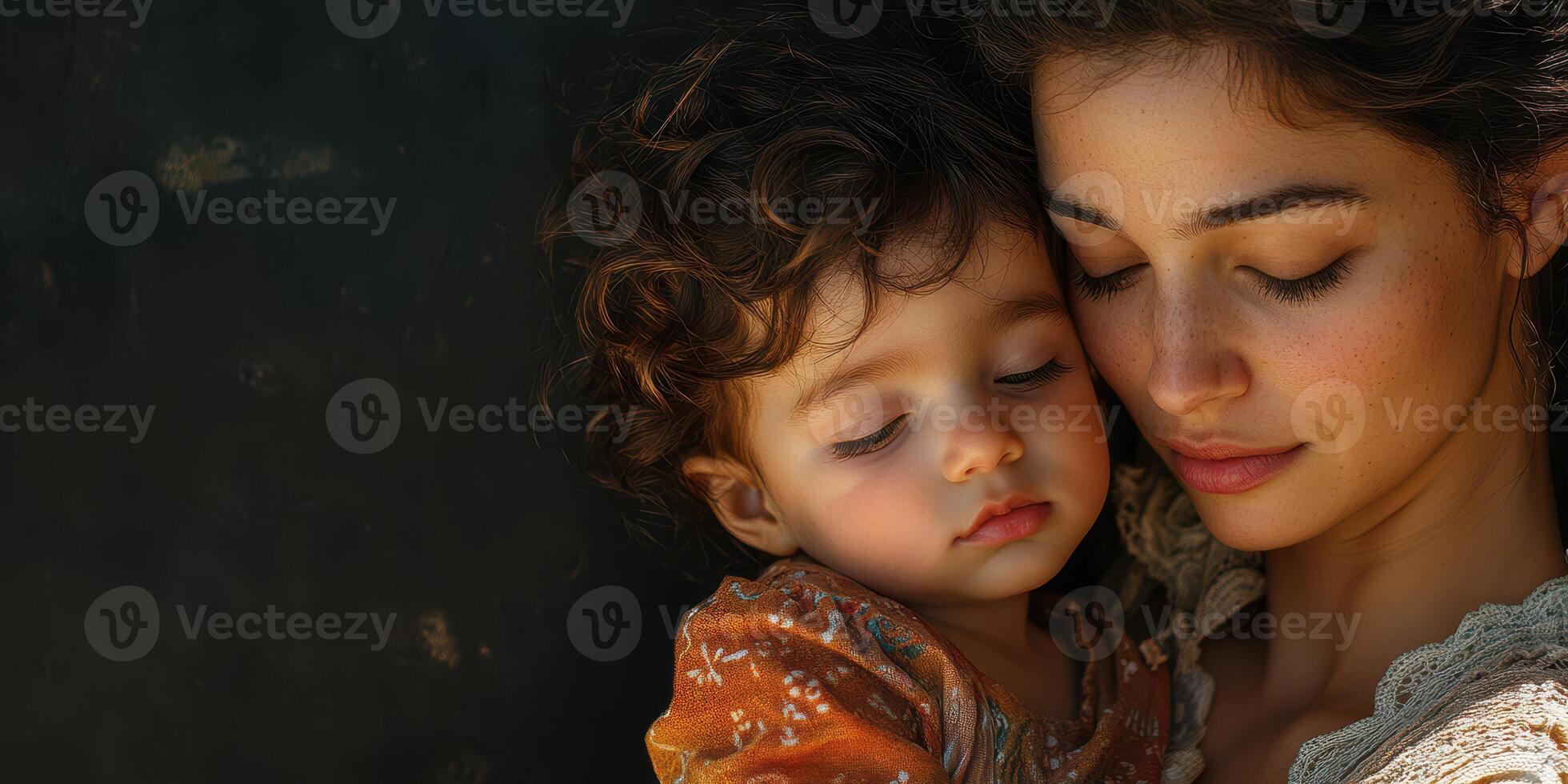 Captivating moment of a mother embracing her child in a serene and intimate setting photo