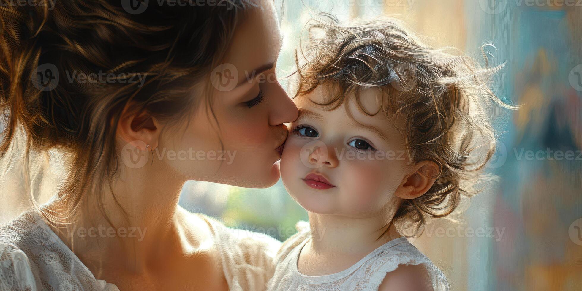 Motherly affection captured in a tender moment with a child in a cozy indoor setting during daytime photo