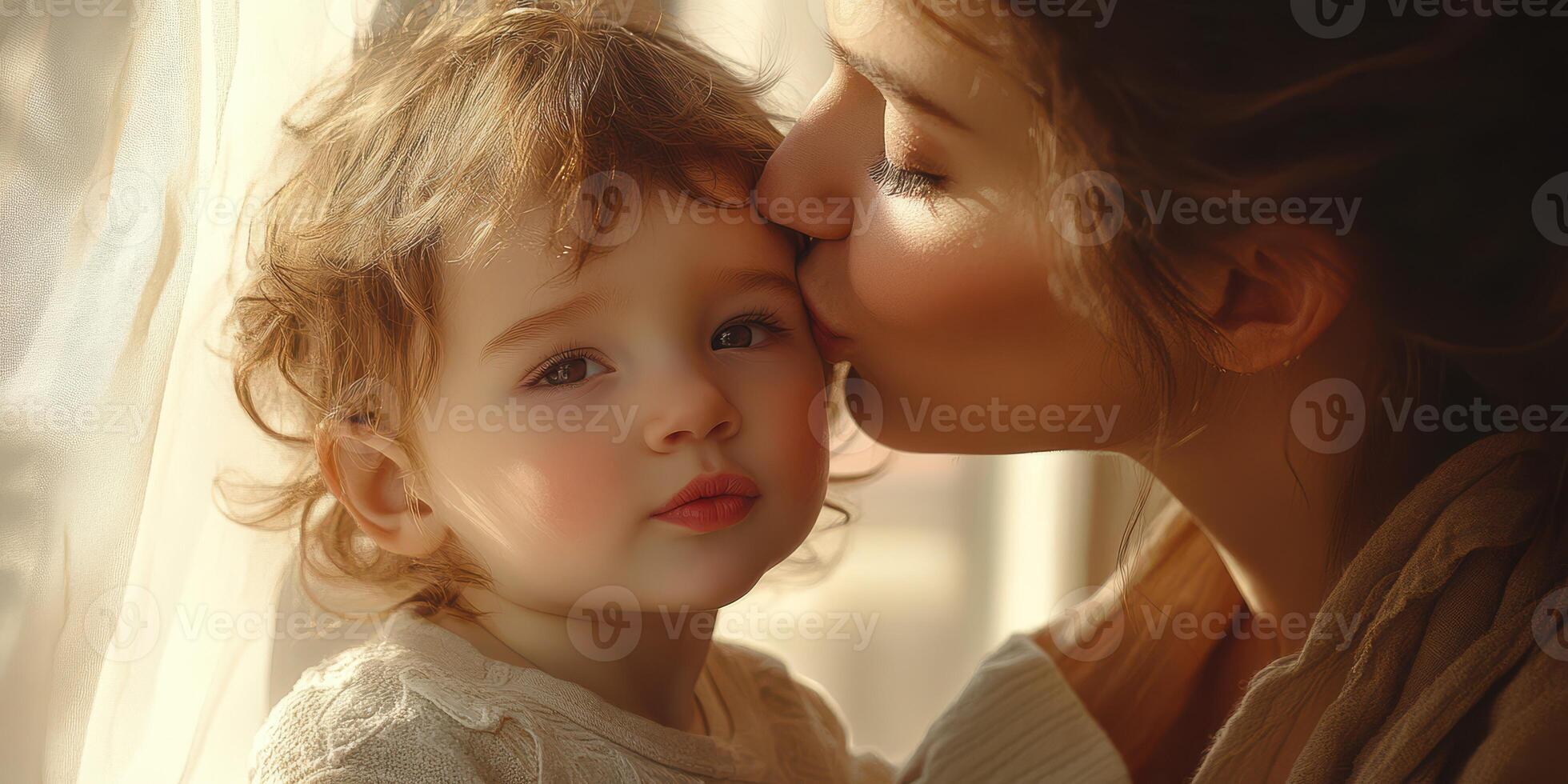 Mother kisses her child while sunlight streams through the window in a warm, serene indoor setting photo
