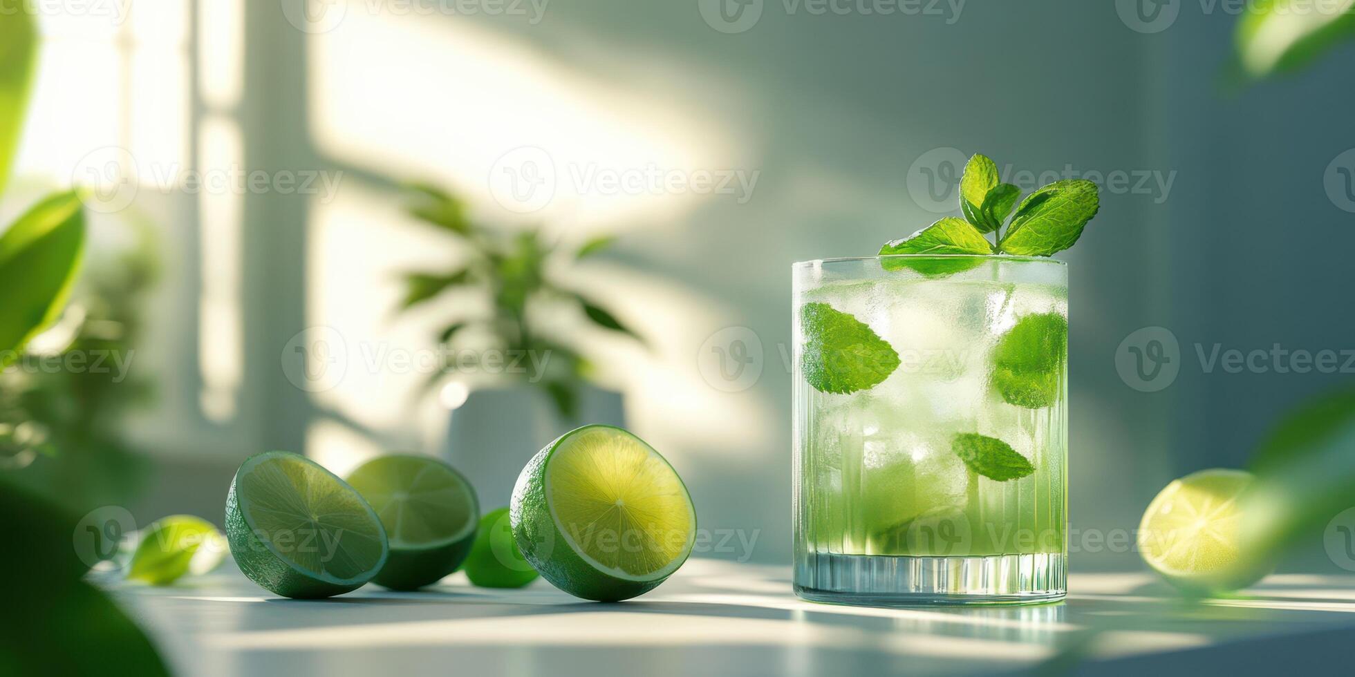 Refreshing mojito cocktail with fresh mint and lime slices in a sunlit setting during afternoon photo