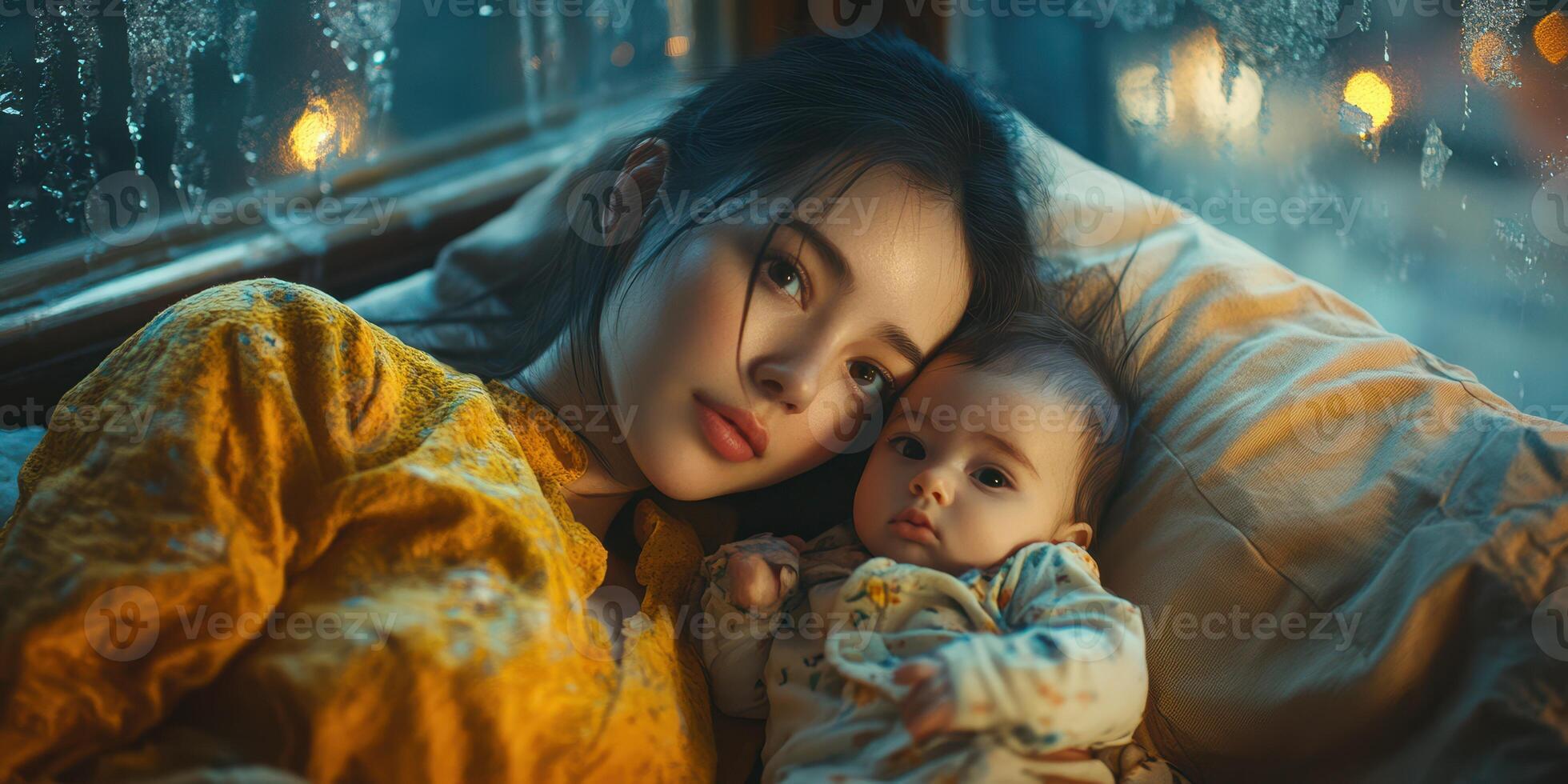Mother and baby cozy together indoors while rain falls outside in a warm atmosphere photo