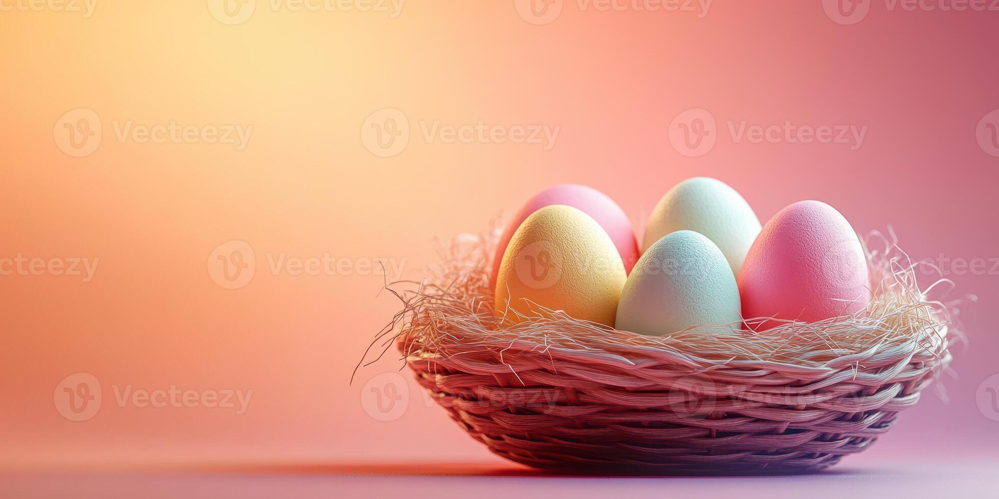 Colorful pastel eggs arranged in a woven basket on a soft gradient background during spring festivities photo