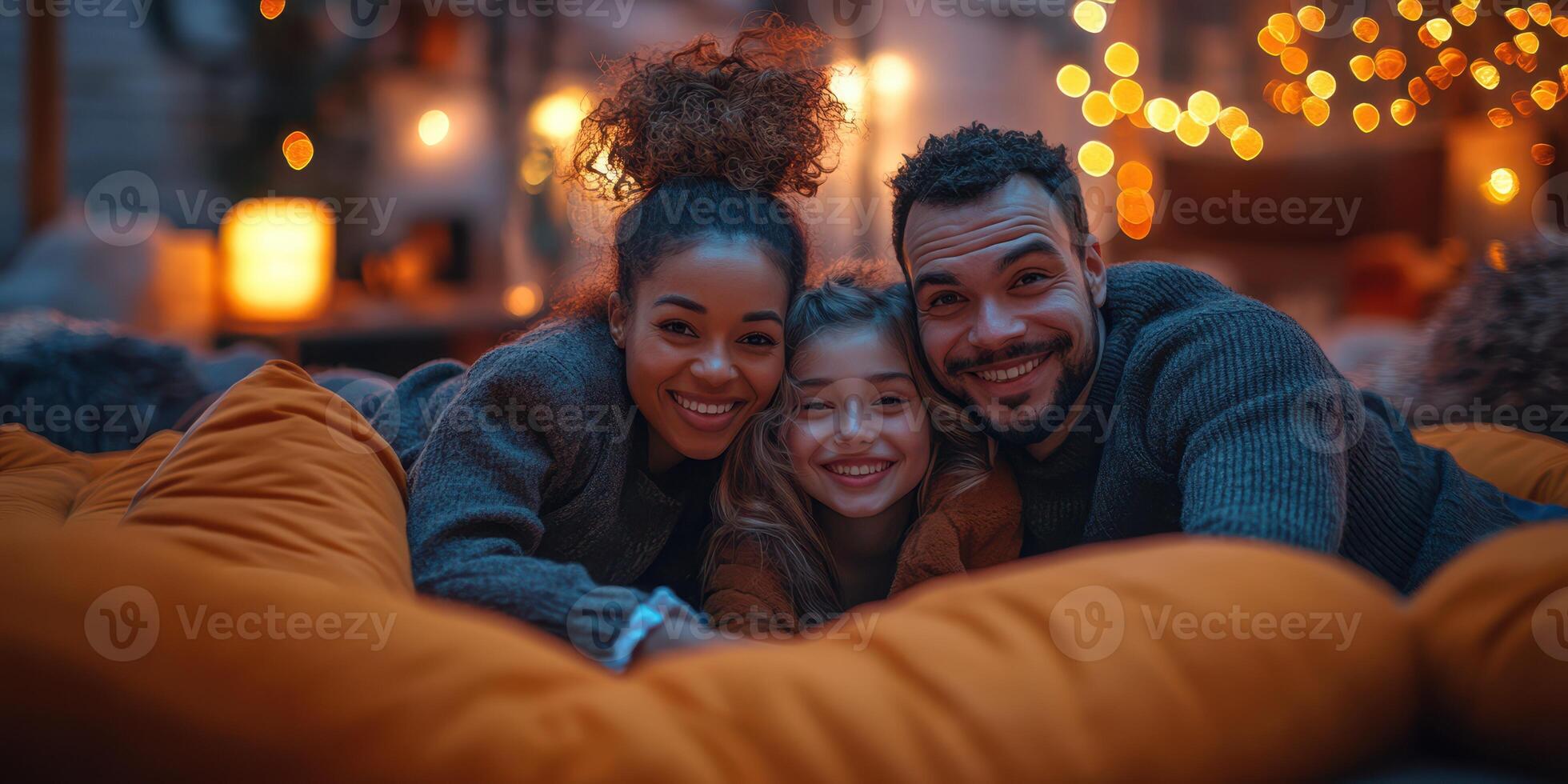 Family enjoying cozy evening together with warm lights and soft pillows in a comfortable indoor setting photo