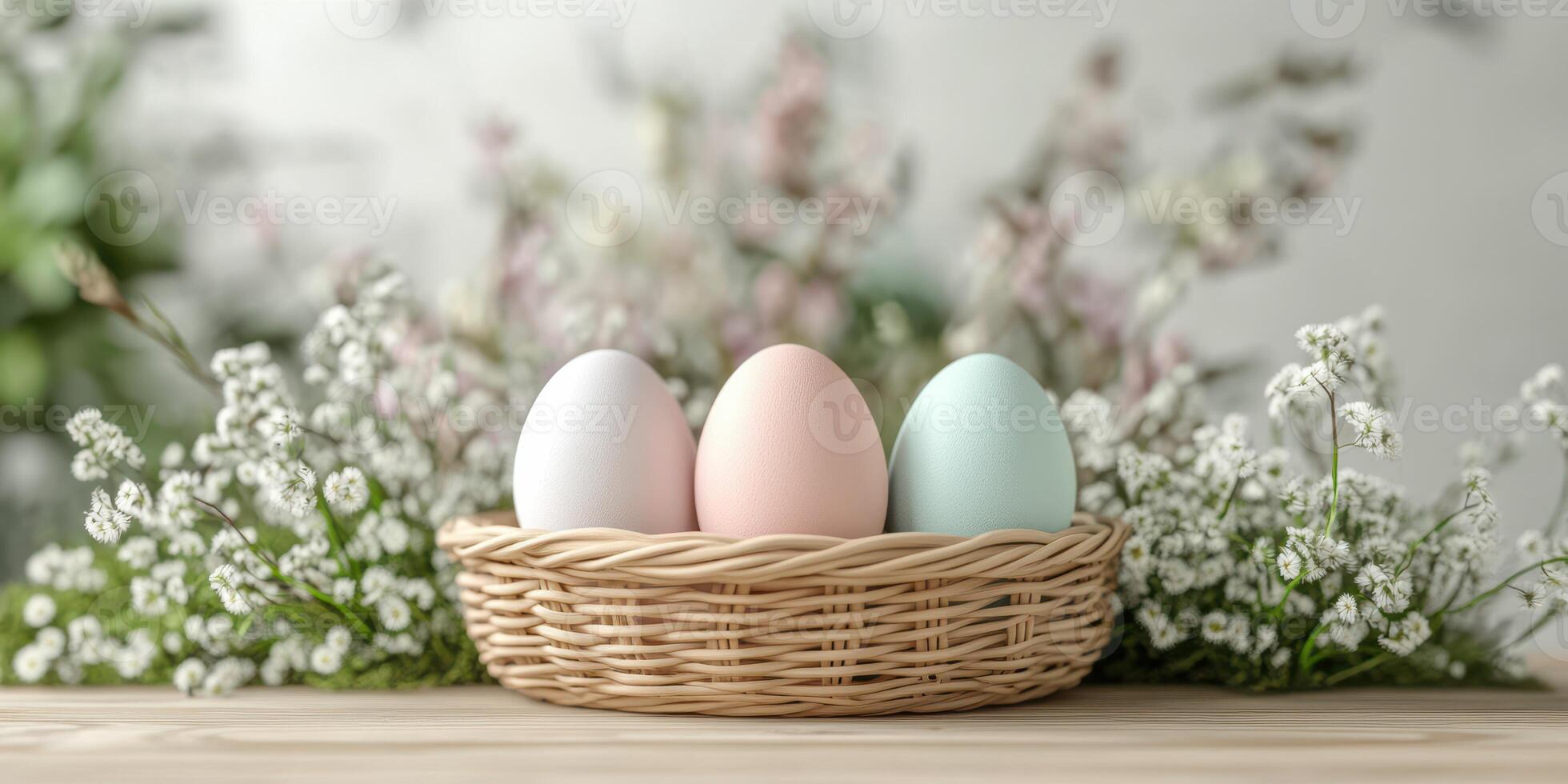 Decorative eggs in pastel colors arranged in a woven basket surrounded by fresh flowers on a light wooden table photo