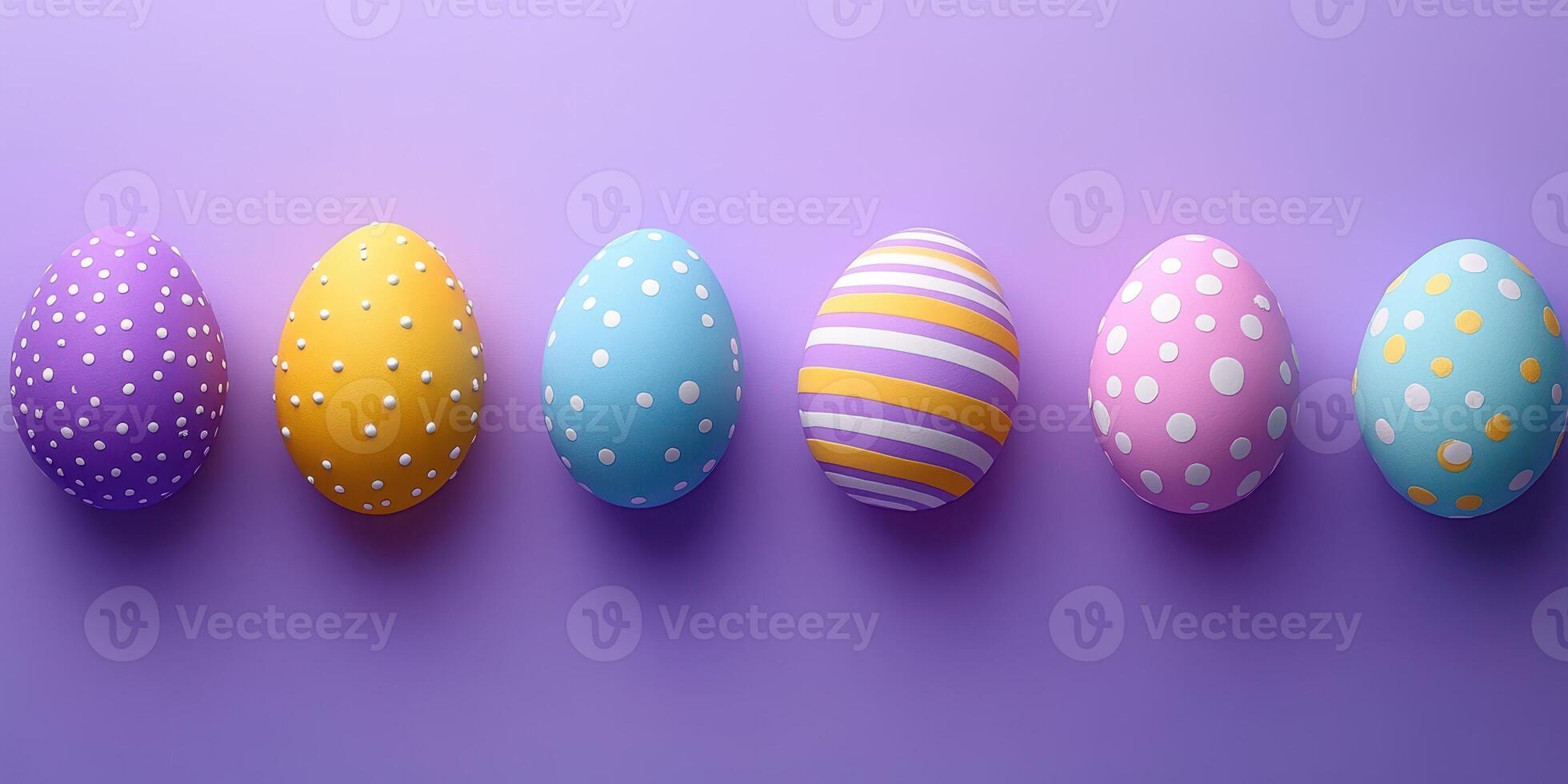 Colorful decorated easter eggs arranged on a purple background for spring festivities and celebrations photo
