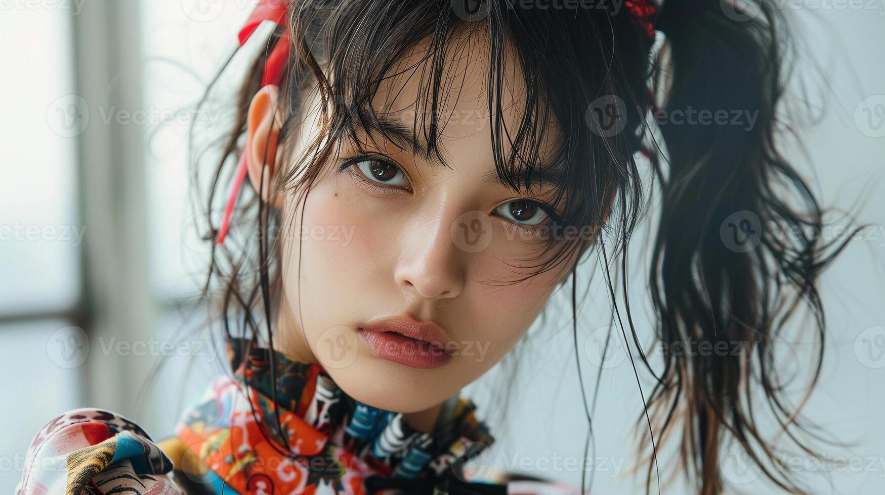 Young japanese woman with expressive eyes and gentle gaze portrait image. Tousled dark hair, floral outfit picture photorealistic photography. Fashion model concept photo realistic