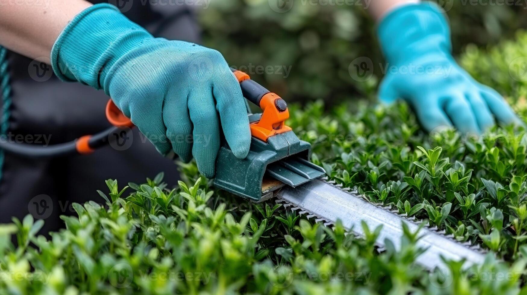 Gardener trimming hedges with electric trimmer closeup image. Professional landscaper shrub shaping gardening equipment close up photography. Garden maintenance concept photo realistic