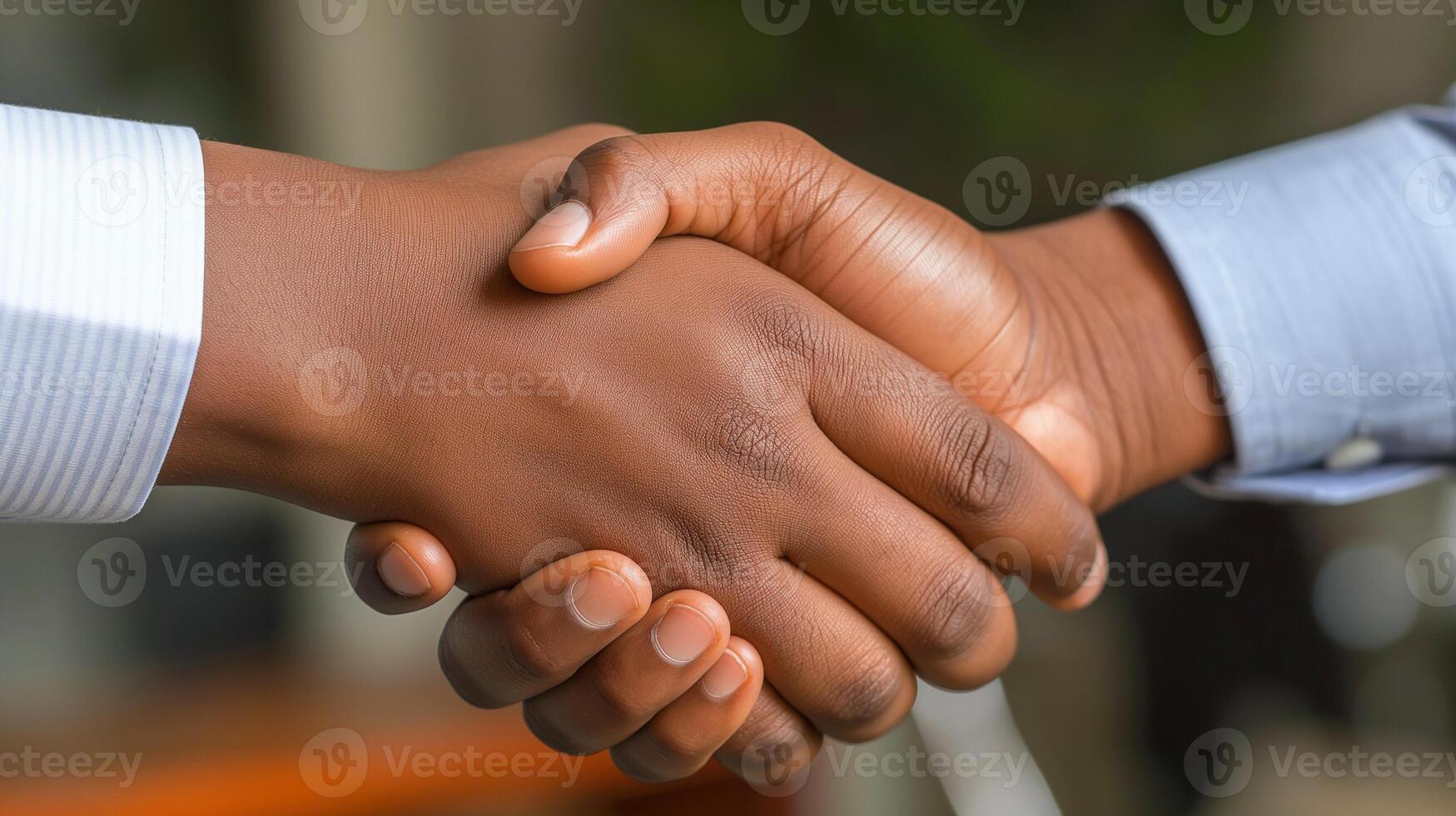 Trustworthy handshake in casual business atmosphere closeup image. Mutual understanding. Teamwork effort. African american hands shaking close up photography. B2B concept photo realistic