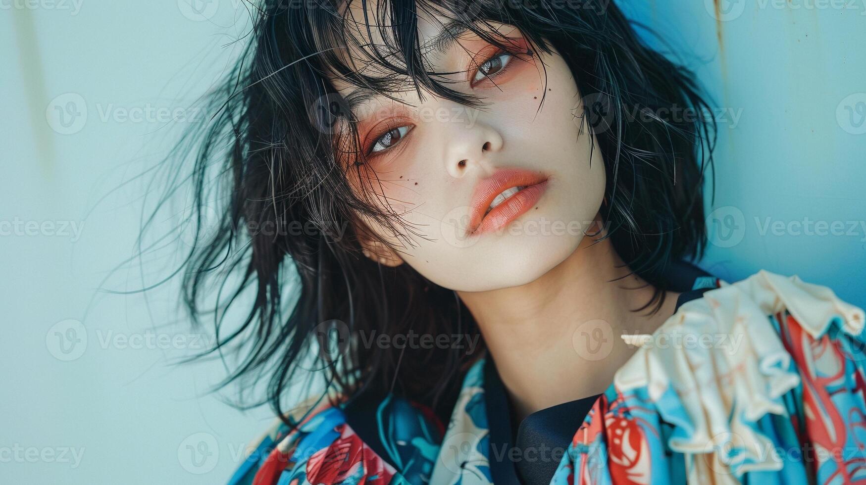 Young japanese woman with tousled dark hair and vibrant orange makeup portrait image. Girl piercing gaze and colorful floral outfit picture. Fashion model concept photo realistic