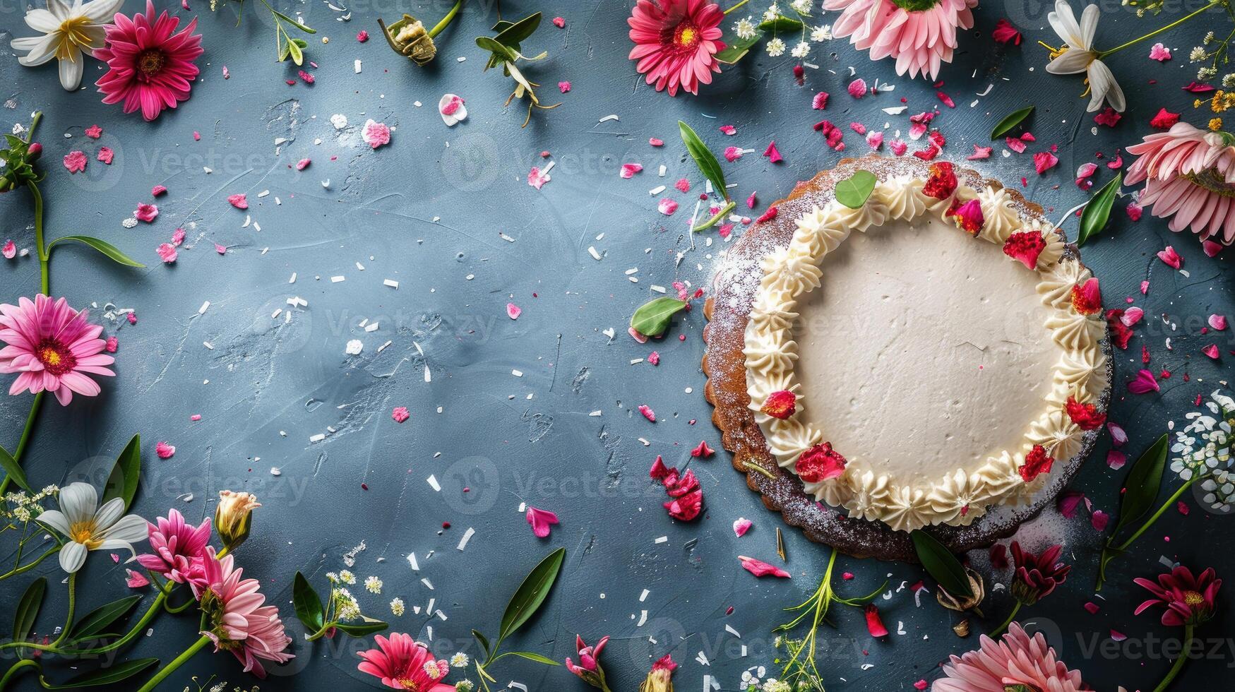 Cake in flowers frame on grey table banner background copy space. Delicious festive dessert image backdrop empty. Elegant holiday composition concept composition top view, copyspace photo