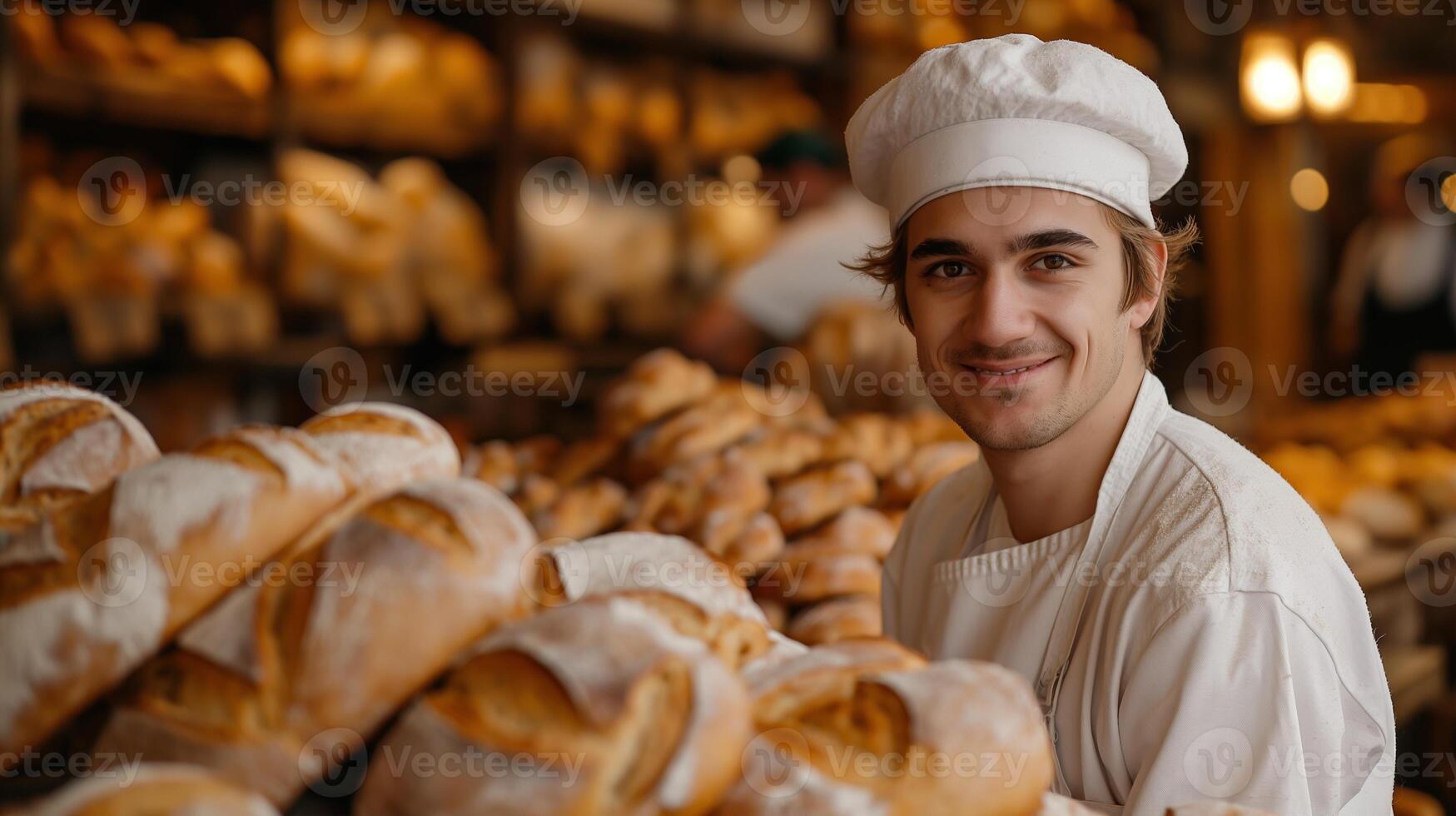 Friendly artisan baker surrounded by fresh bread portrait image. Crusty golden loaves in cozy bakery picture photorealistic photography. Bakeshop. Bakehouse concept photo realistic