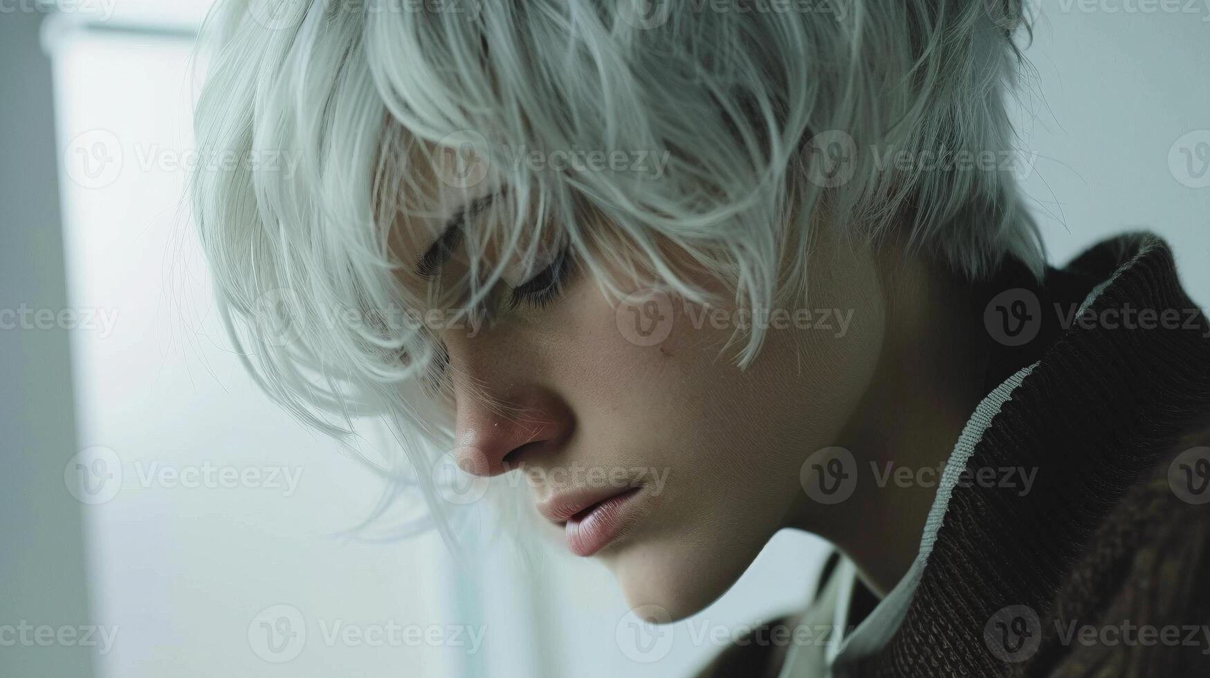 Moody woman with platinum blonde hair, looking down in deep thought portrait image. Artistic cinematic photography picture photorealistic. Fashion model concept photo realistic