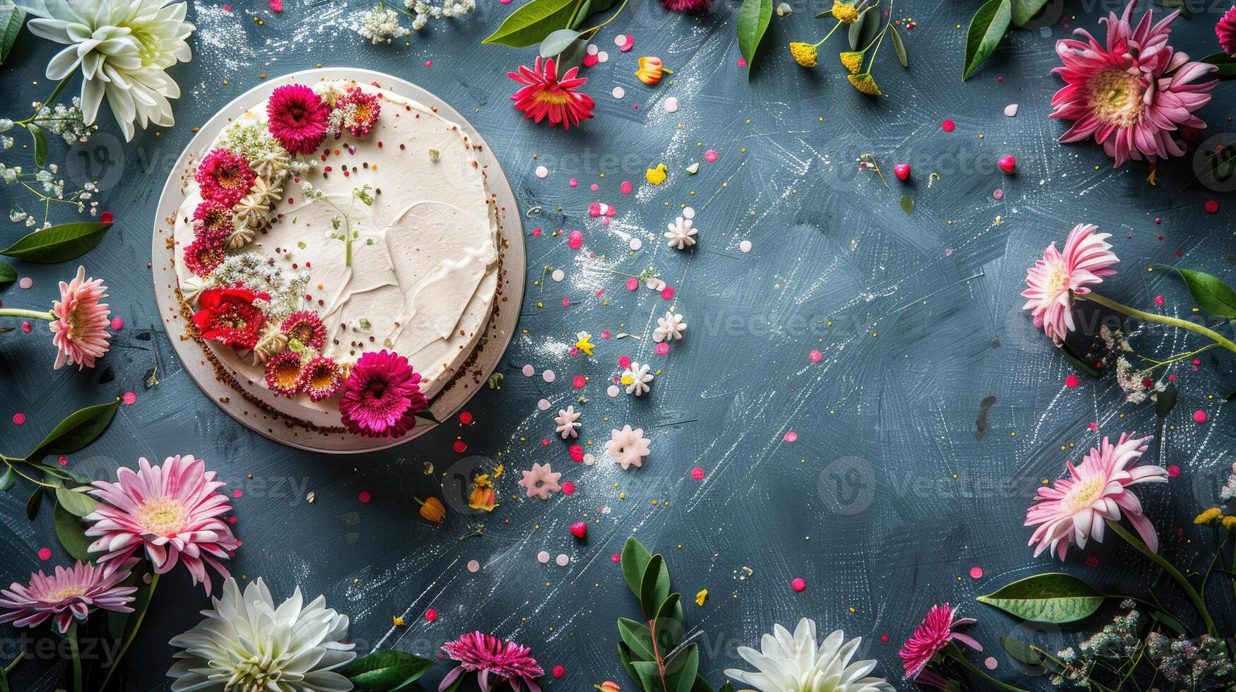 Holiday cake with flower decor on table banner background copy space. Spring festive ornament image backdrop empty. Birthday party invitation concept composition top view, copyspace photo